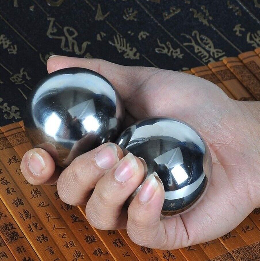 CHINESE HEALTH EXERCISE STRESS BAODING BALLS RELAXATION THERAPY SILVER CHROME