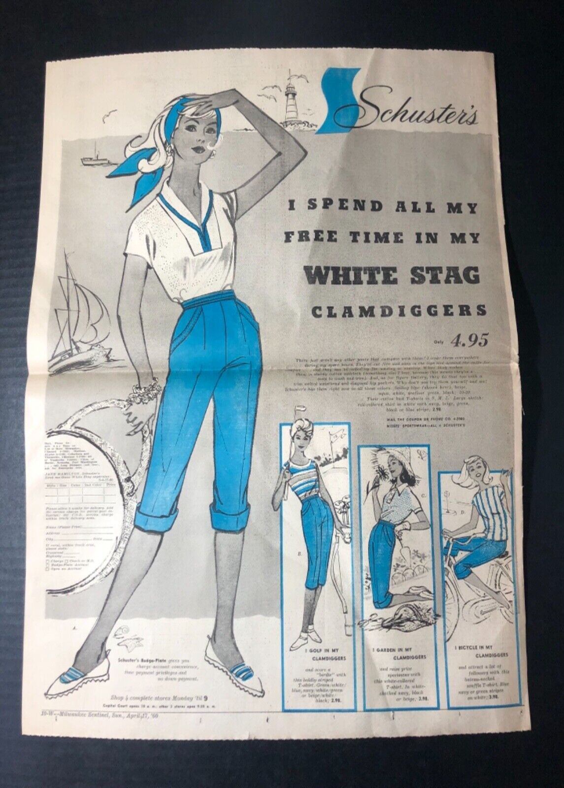 1960 Schuster’s women’s fashion/clothing clamdigger shoes  Milwaukee ad 21.5x15”