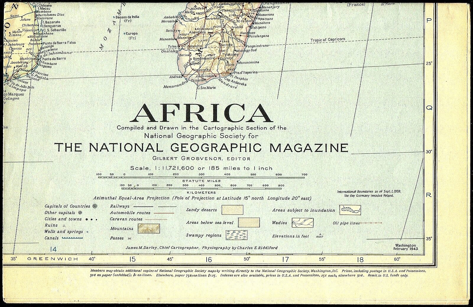 ⫸ 1943-2 February Vintage Map AFRICA National Geographic - Very Good  (562)