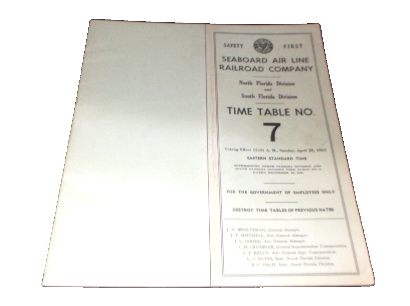 APRIL 1962 SAL SEABOARD AIR LINE NORTH SOUTH FLORIDA DIVISION TIMETABLE #7