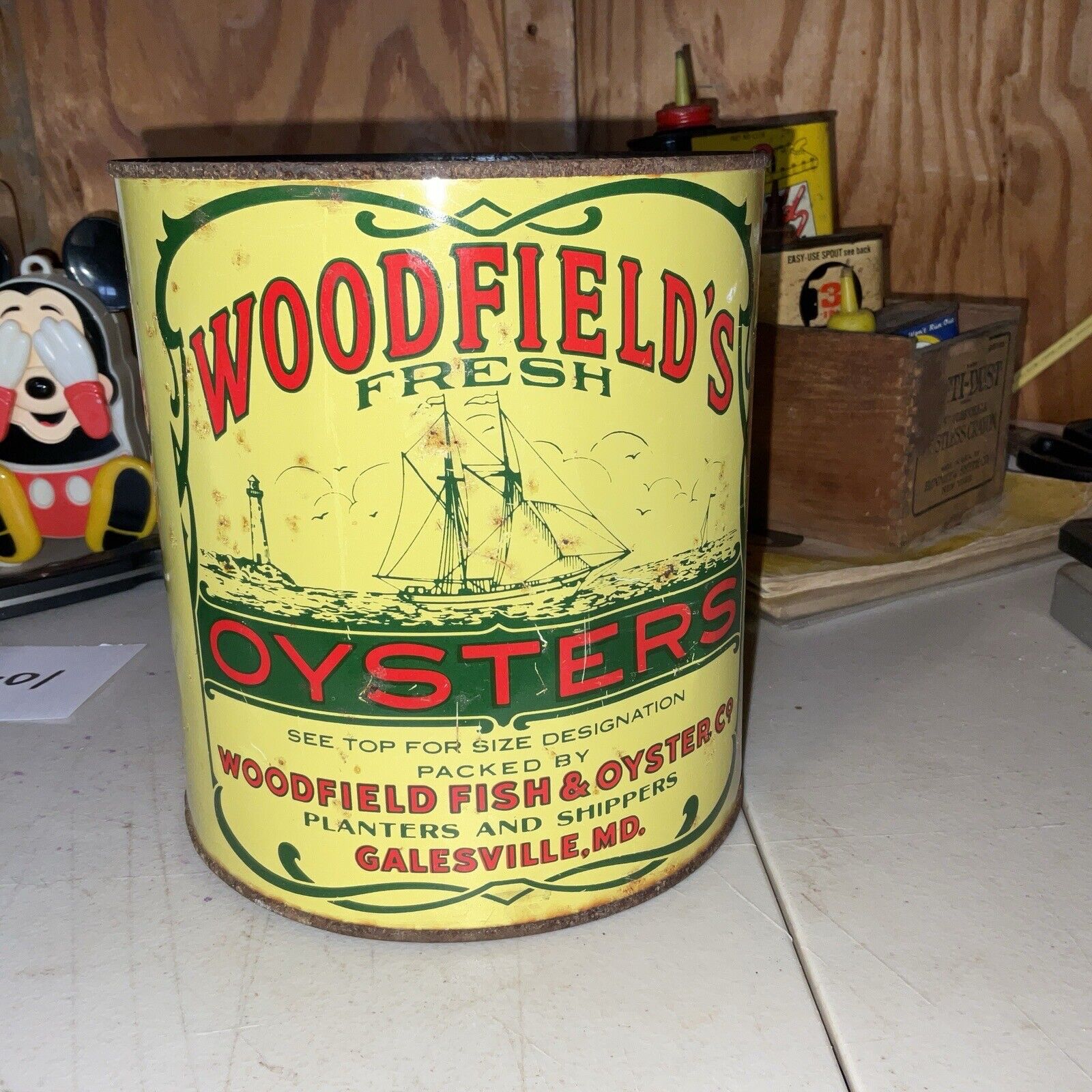Vintage Woodfield's Fresh Oysters One Gallon Tin Can Lid Galesville Maryland