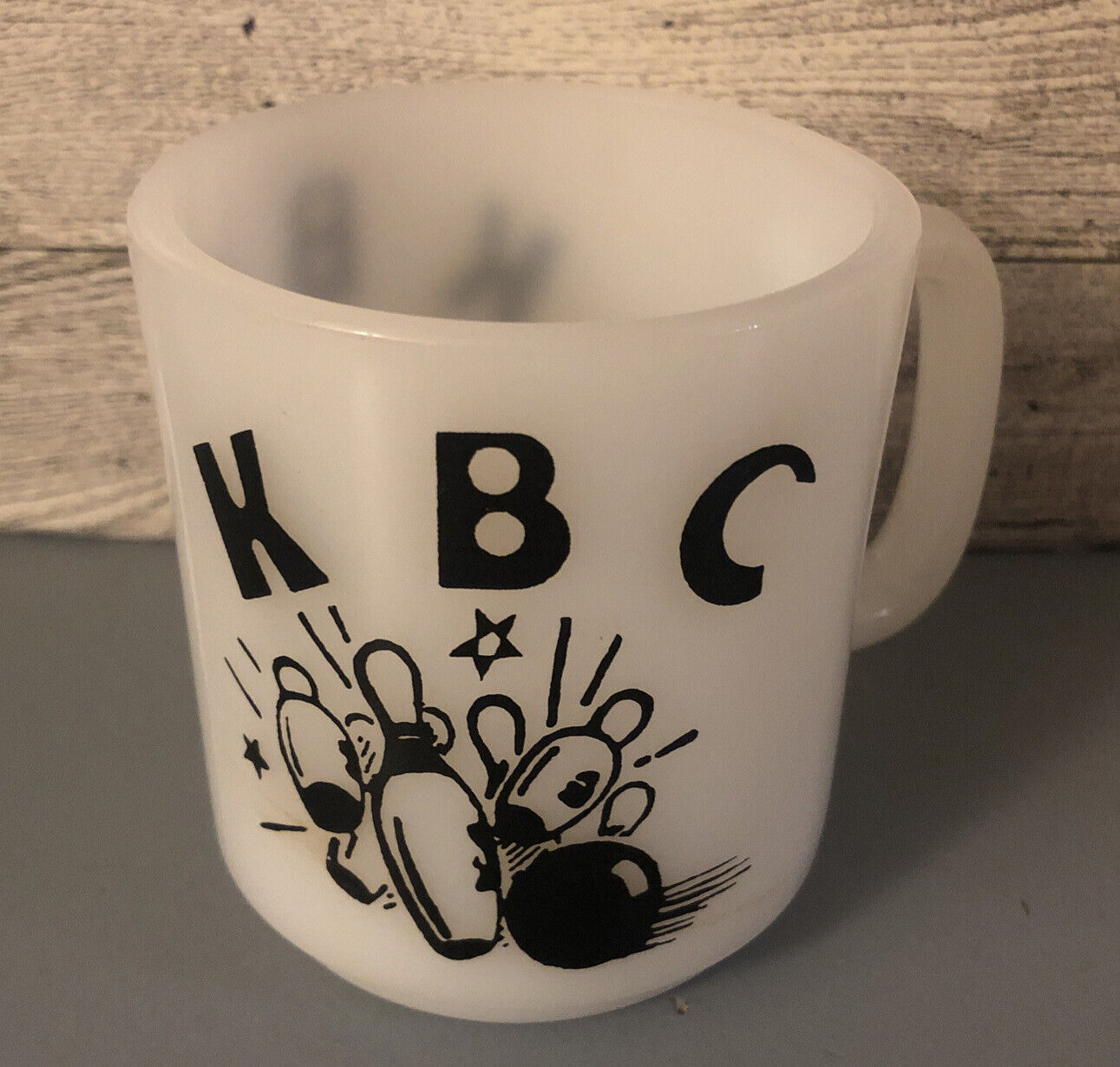 Vintage Glasbake Milk Glass Mug K B C Bowling Heat Resistant Coffee Mug
