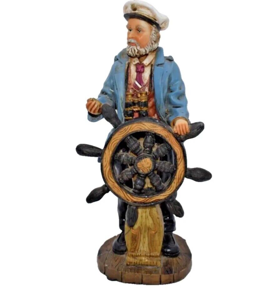 Vintage 12\' Old Sea Captain Fisherman Sailor At The Wheel Figurine Resin/Solid