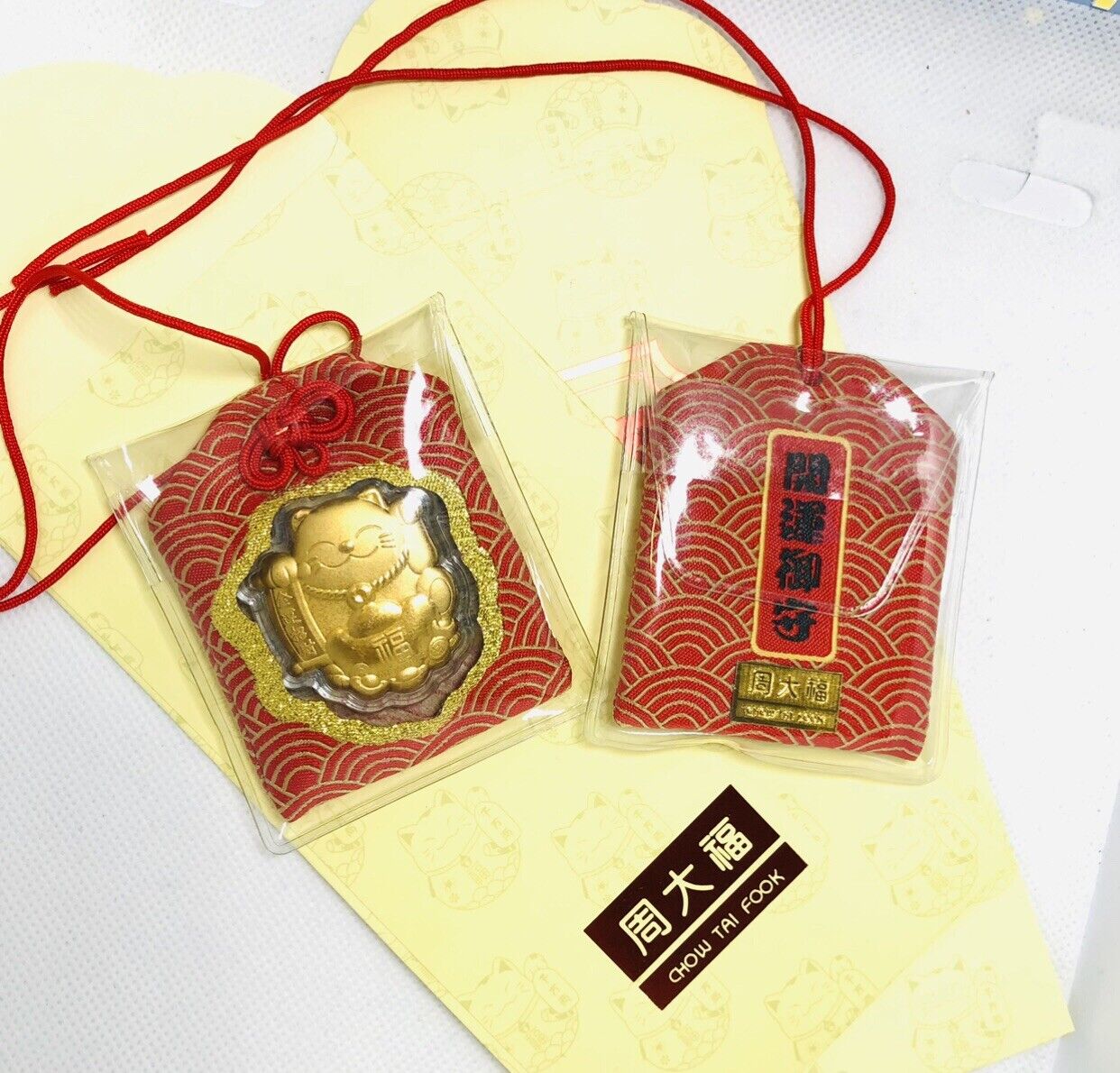 24K Gold Foil Lucky Maneki Cat Omamari- Red Silk 1pc-Chinese New Year Gift
