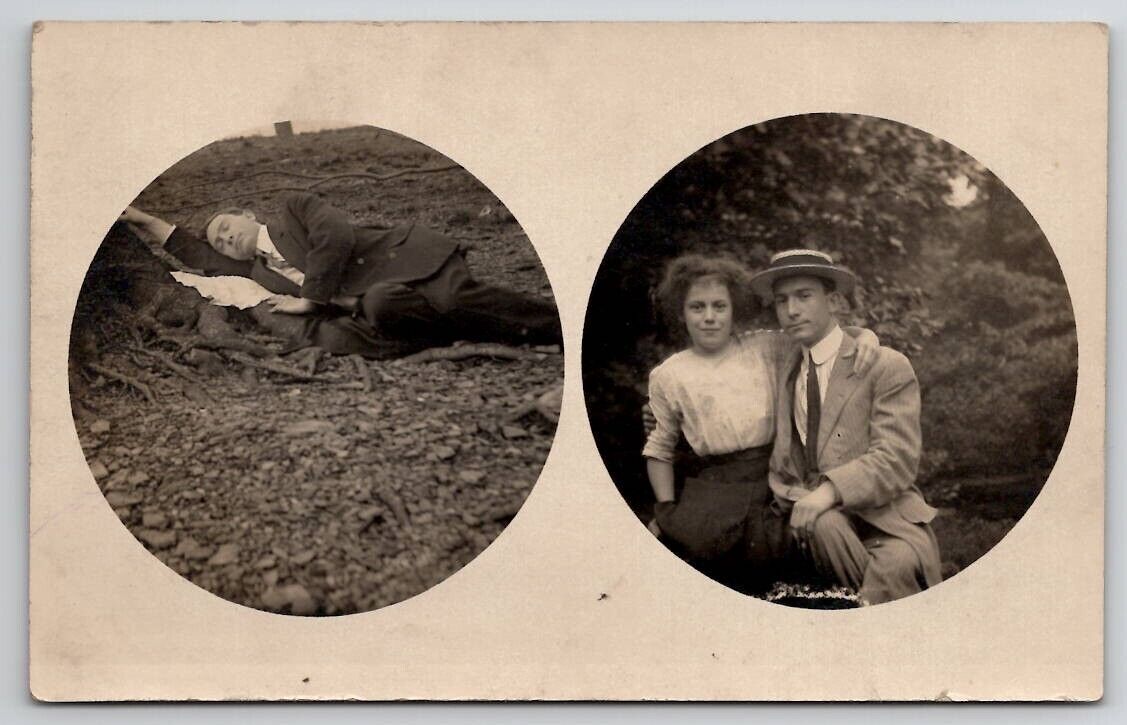 RPPC Frisky Couple and a Man Naps in Woods Masked Circle Images Postcard F29