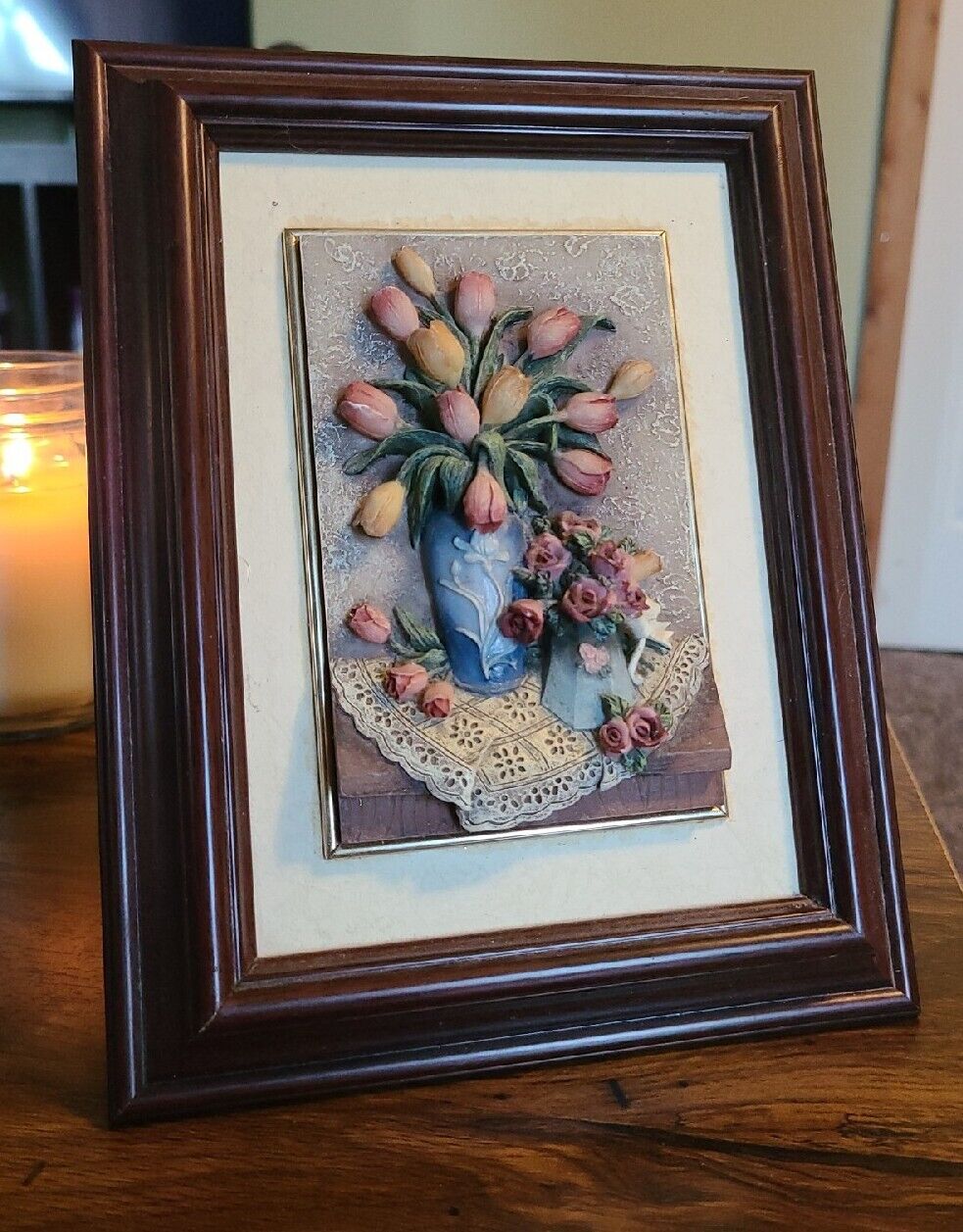 Vintage 3D Resin Floral Framed Wall or Table Art Hand Painted by A. Richesco Cor