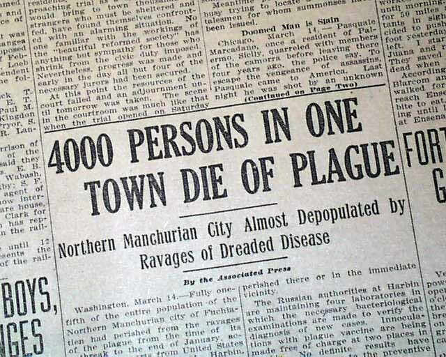 MANCHURIAN Pneumonic Infection PLAGUE Disaster - 1st Use of Masks 1911 Newspaper