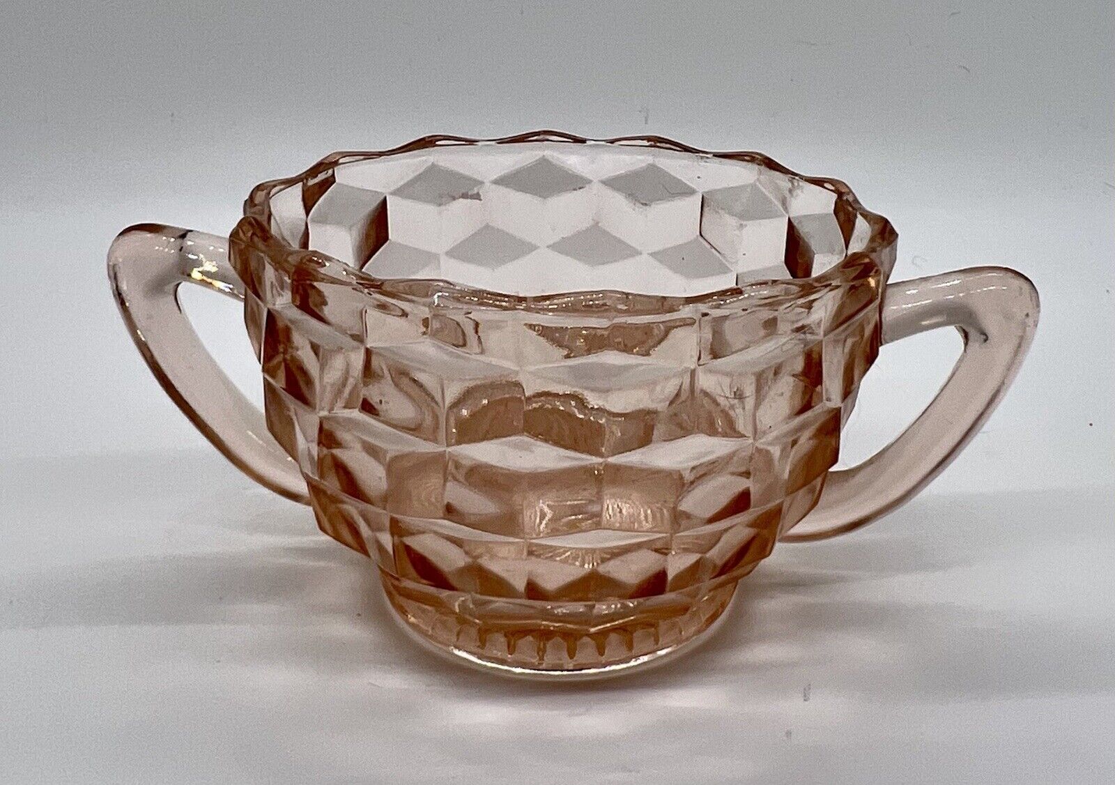 Jeannette Pink Depression Glass Cubist Pattern Open Sugar Bowl
