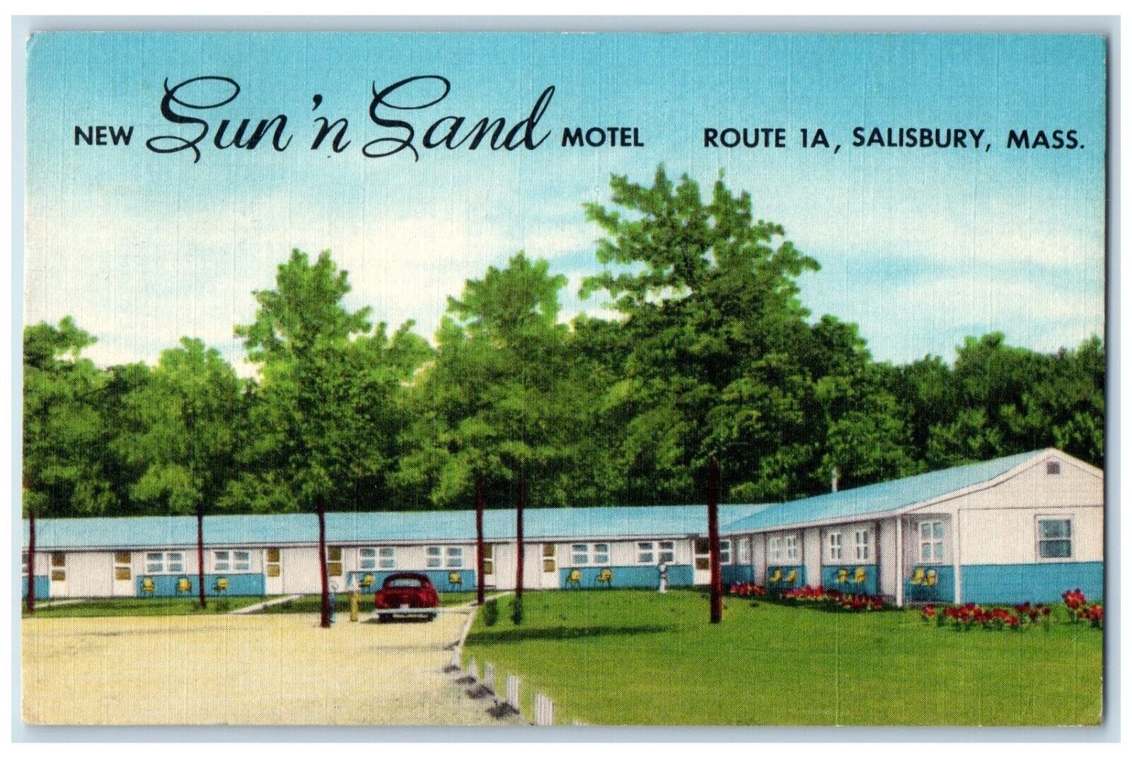 1955 New Sun \'n Sand Motel Car Salisbury Massachusetts MA Vintage Postcard