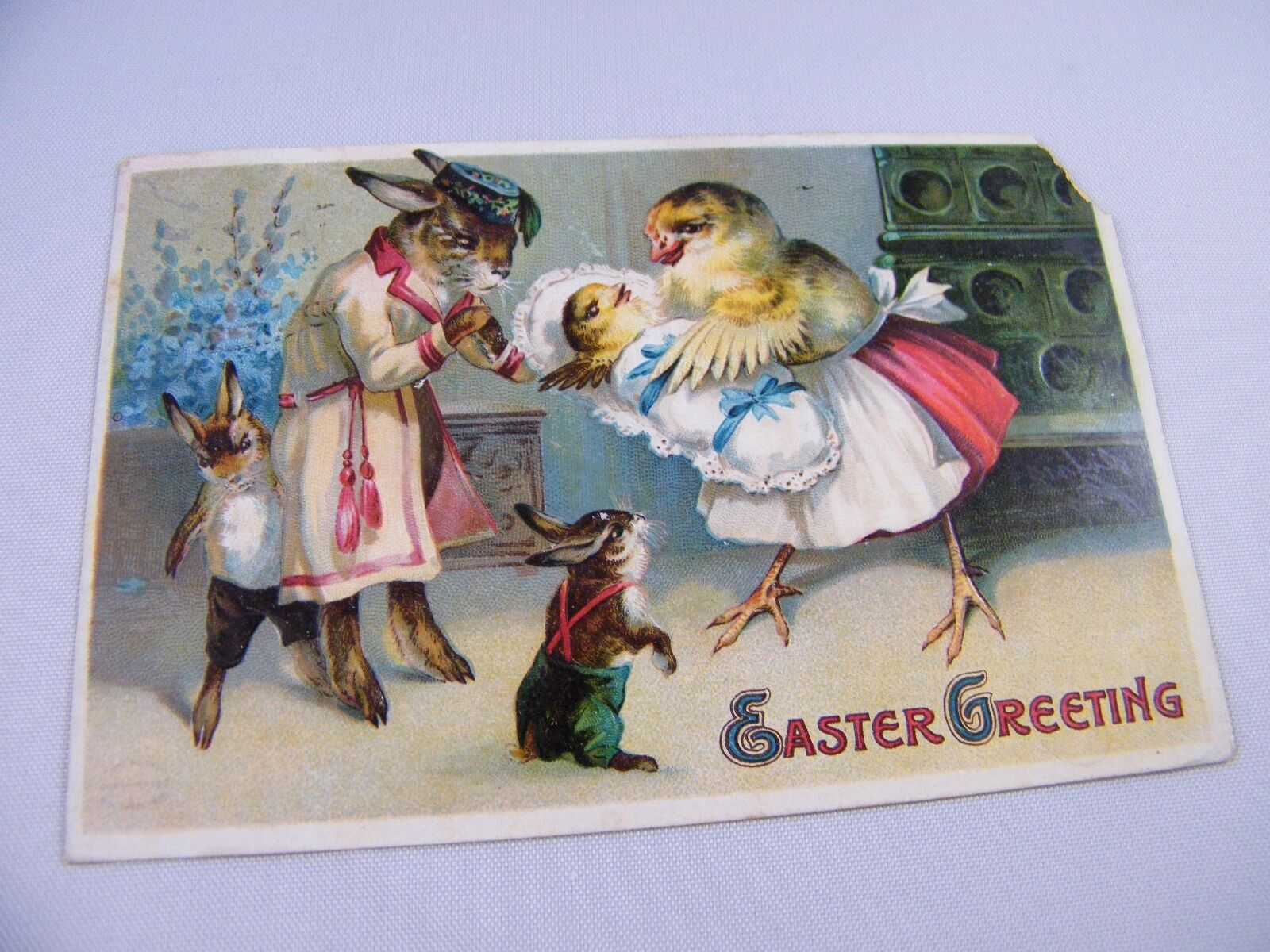 VINTAGE EMBOSSED  EASTER POSTCARD POSTMARKED 1911  RABBIT AND CHICKEN FAMILIES