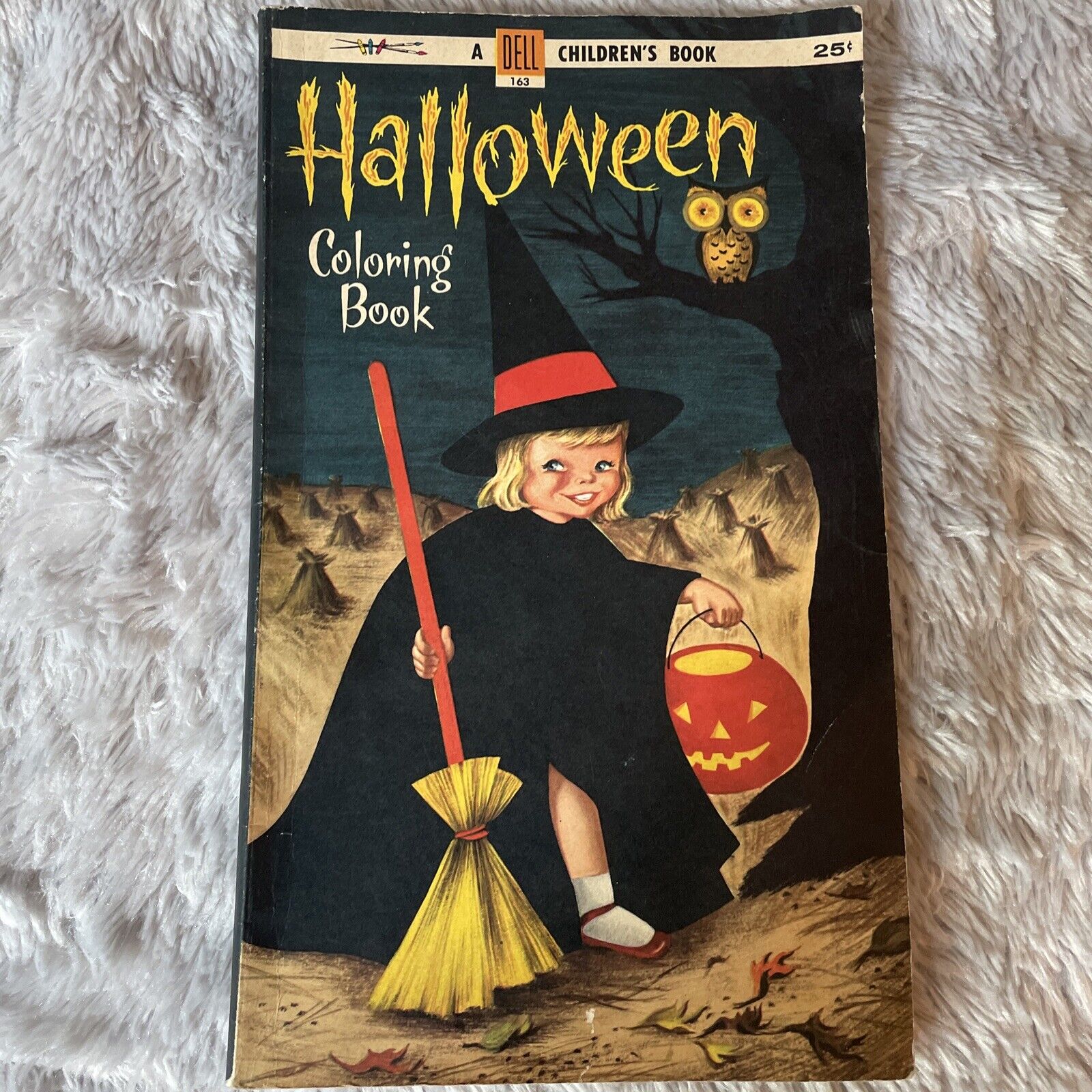 VINTAGE Halloween Coloring Book 1957 Dell #163 Witch Broom Owl Jack-O-Lantern