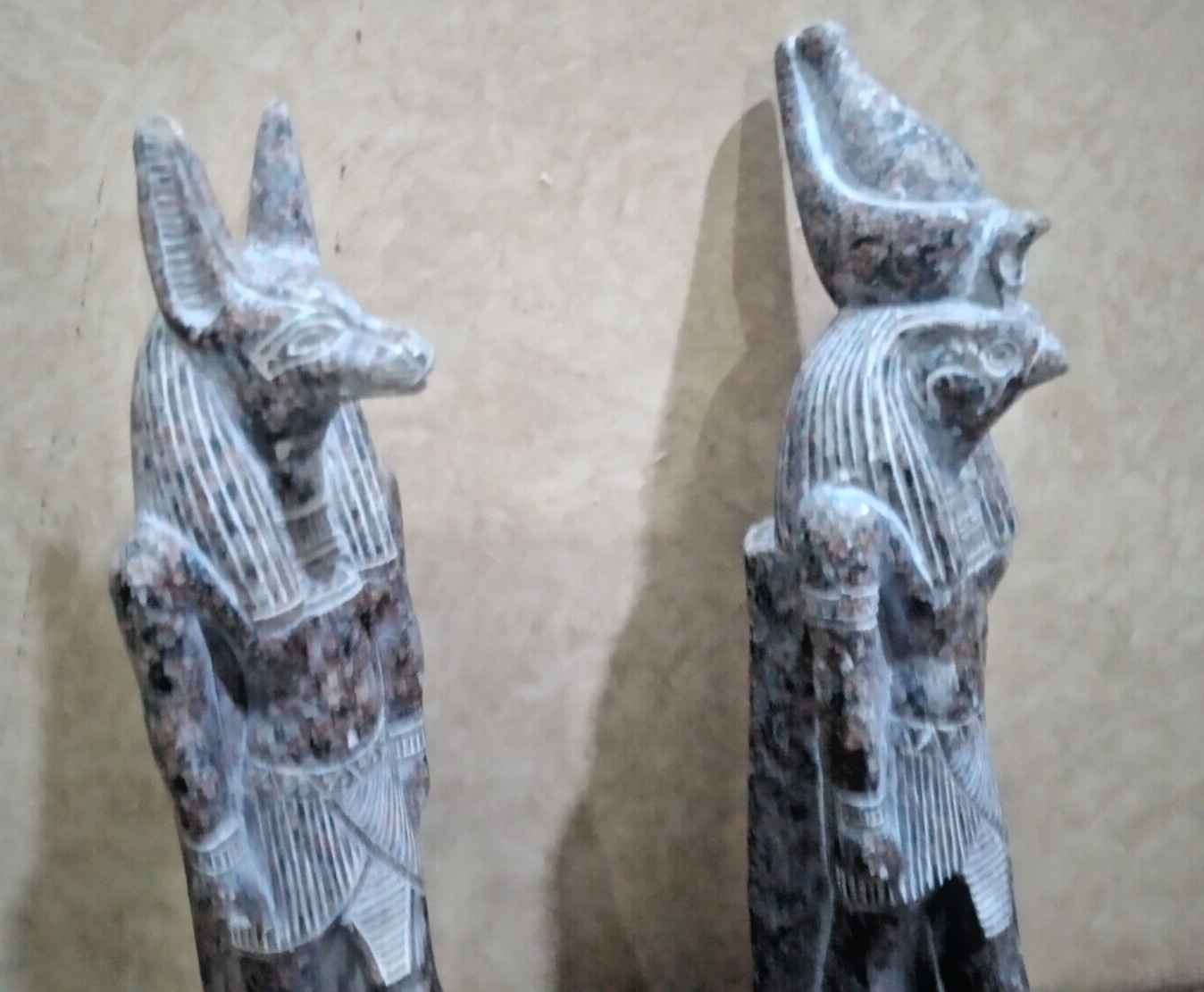 2x Egyptian Antique God Anubis of afterlife+ HORUS Falcon Statue Granite Stone