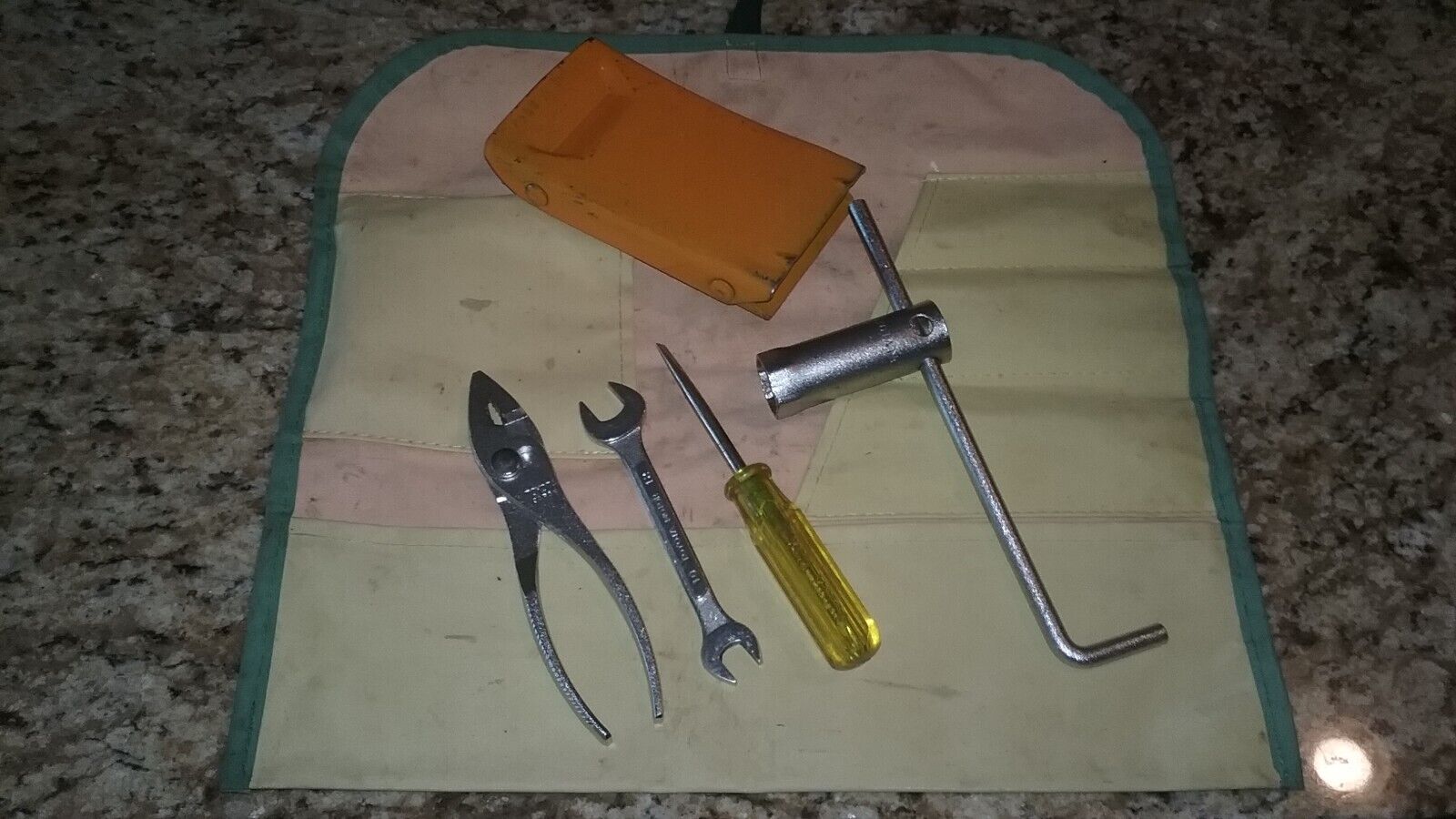 vtg TOYOTA MOTOR TEQ Tool Kit w/roll up bag, wrench, pliers, screwdriver, etc.
