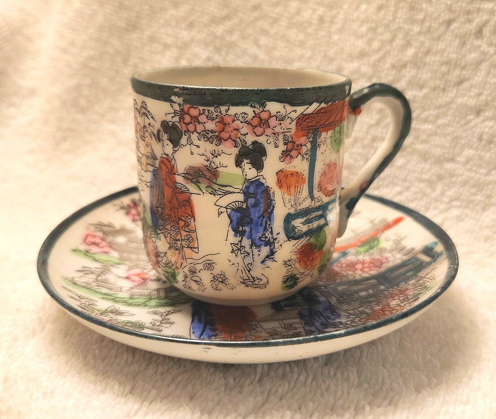 N Vintage C. 1920s Demitasse Geisha Girls Porcelain Cup & Saucer Beautiful 1939