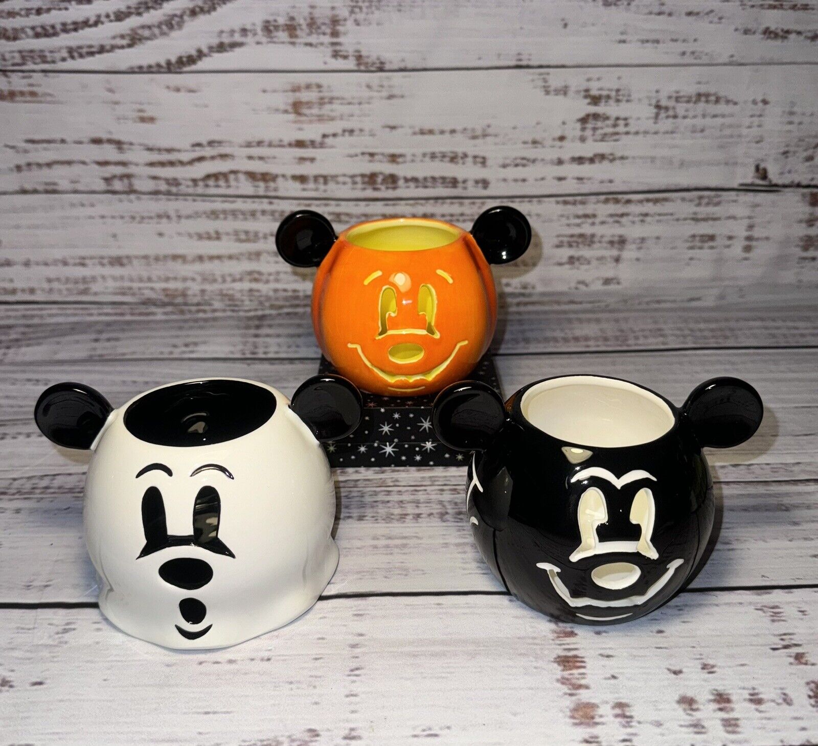 Disney Mickey Mouse Halloween Tea Light Votive Holder 3 pc Set Ghost Bat Pumpkin