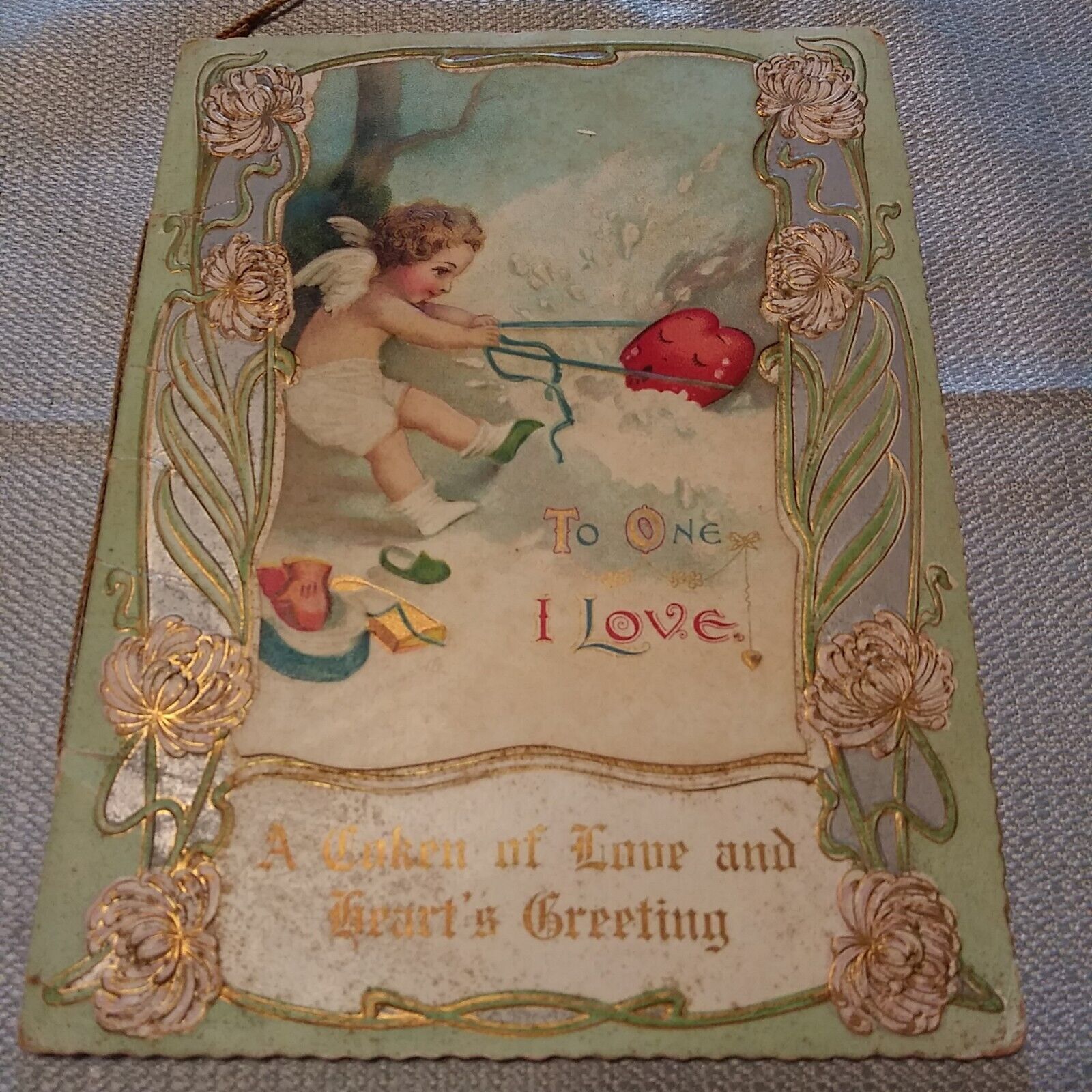 Vintage Valentine Card  Booklet Cupid Heart Flowers To One I Love Flowers Birds