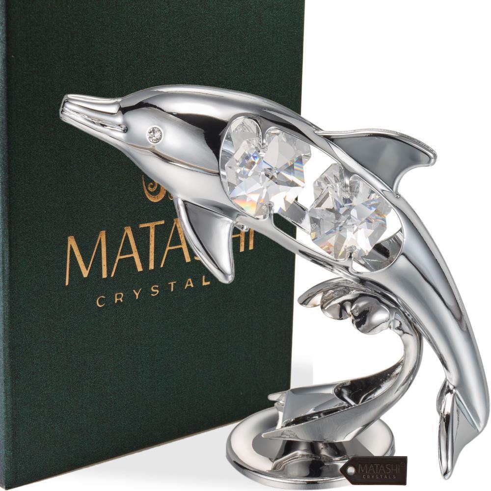 Chrome Plated Crystal Studded Silver Dolphin Riding Wave Figurine Ornament