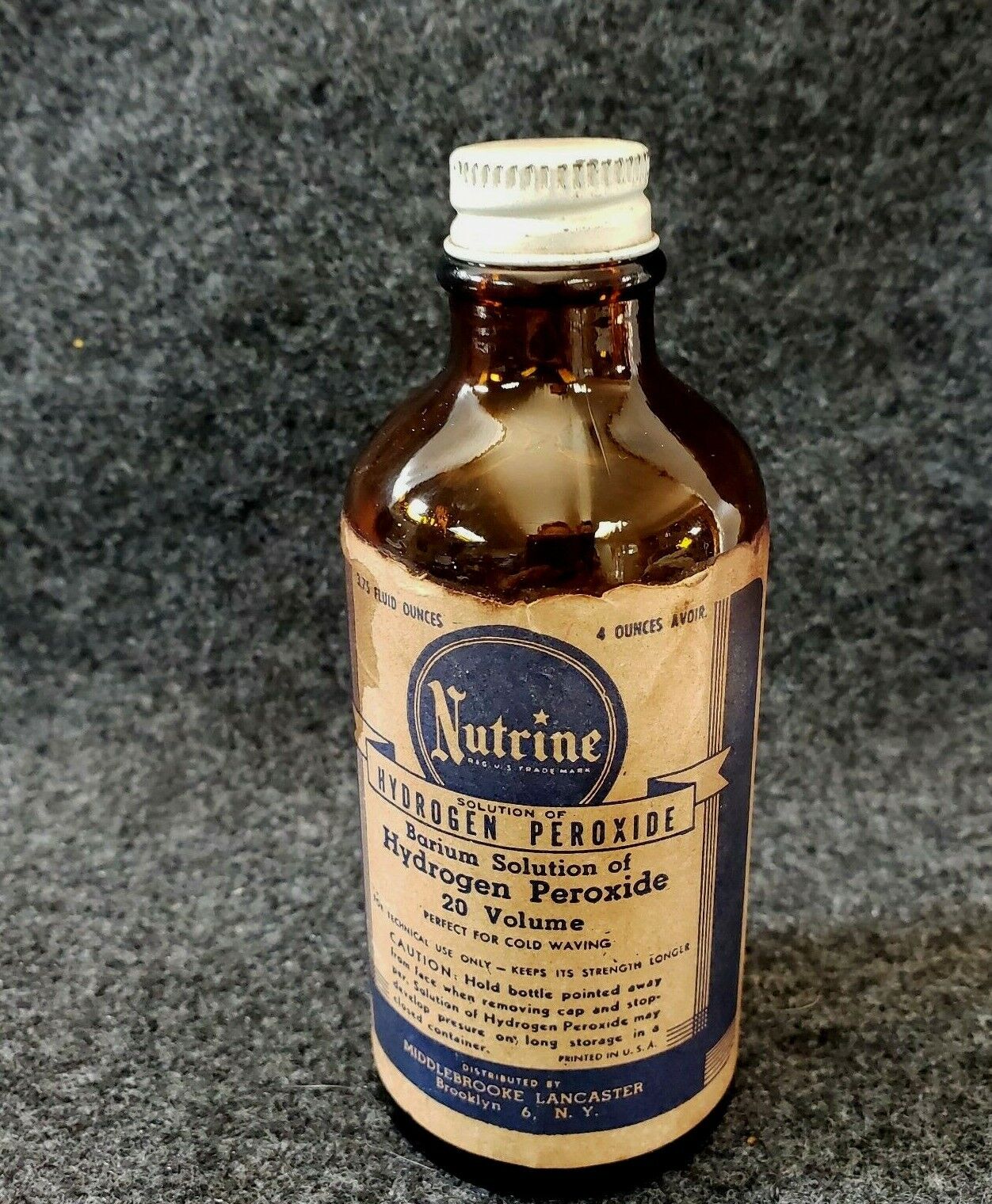 Vtg Nutrine Old Bottle PEROXIDE OF HYDROGEN Dk Amber w/label cap USA