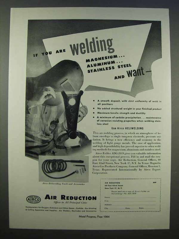 1946 Airco Heliwelding Ad - Magnesium, Aluminum, Steel