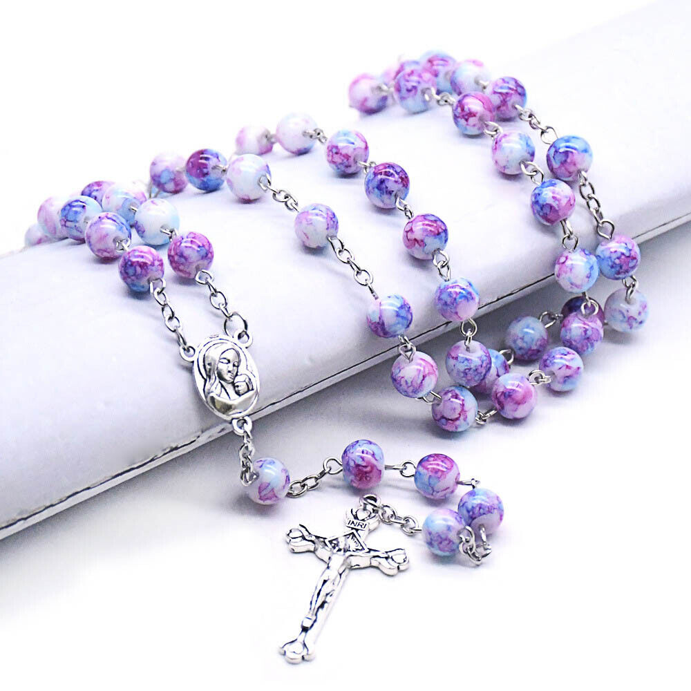 Purple Glass Beads Rosary Necklace Catholic Holy Soil Center Cross Crucifix
