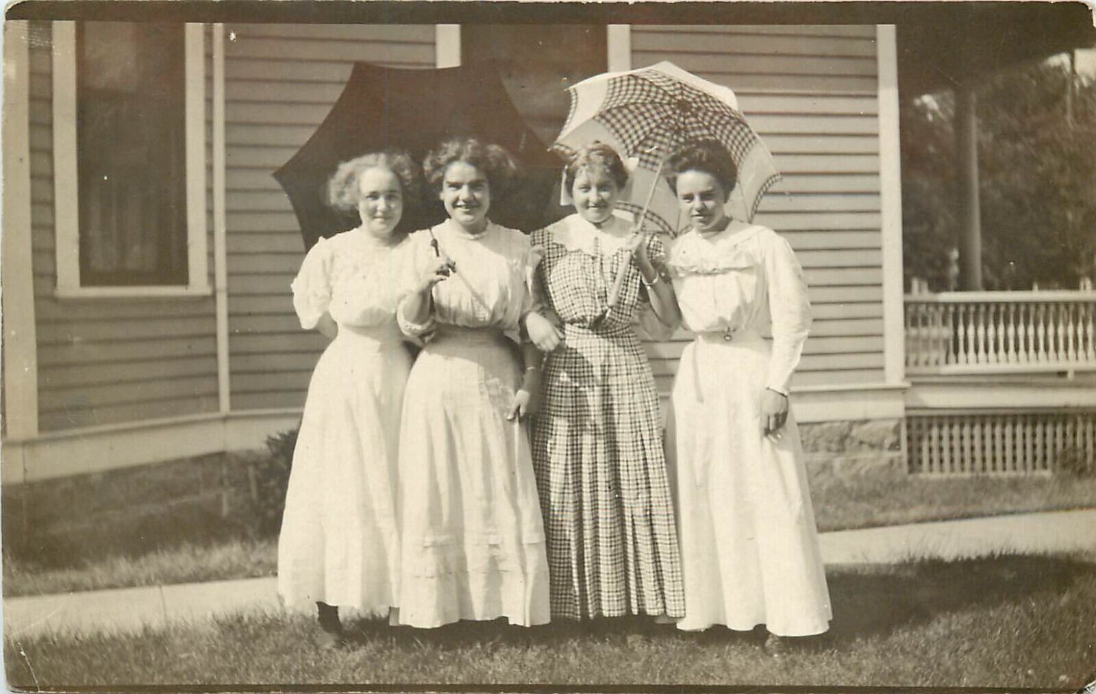 RPPC Postcard 4 Smiling Women Sisters Stand Under Parasol Umbrellas on Sunny Day
