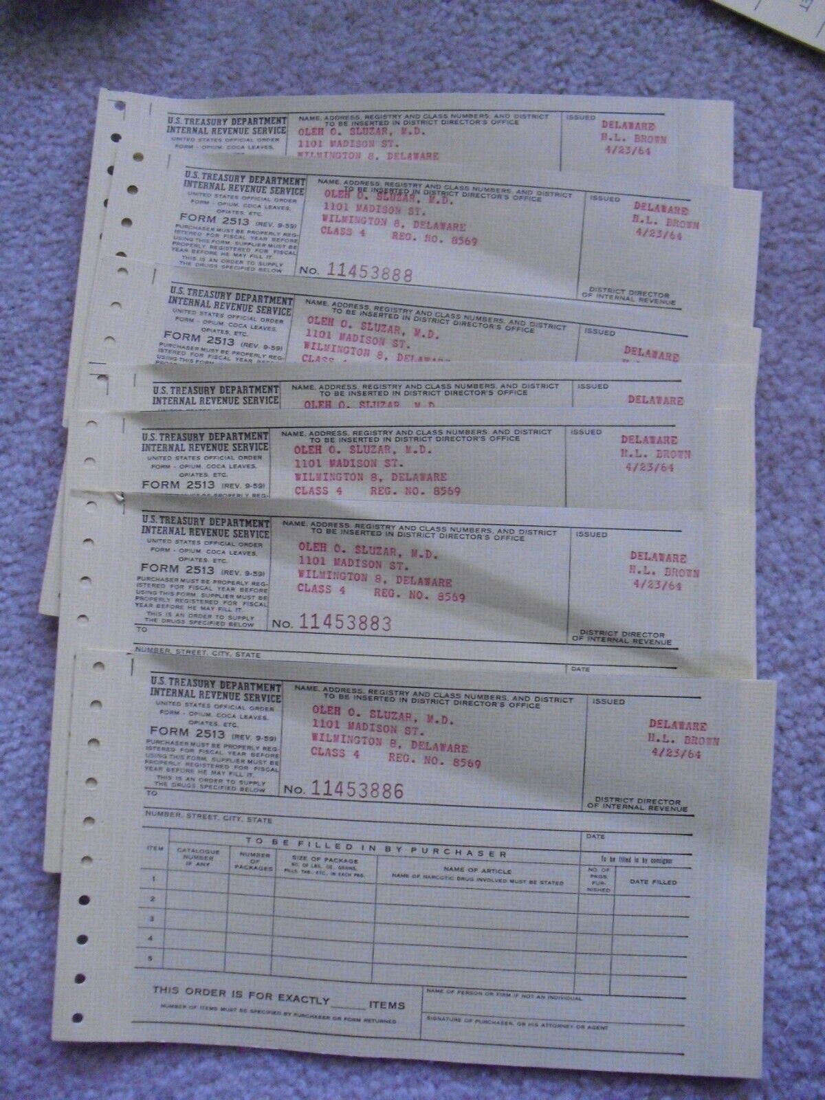 Lot of 7 Vintage 1964 US Government Official Order Forms for Opium Opiates DE