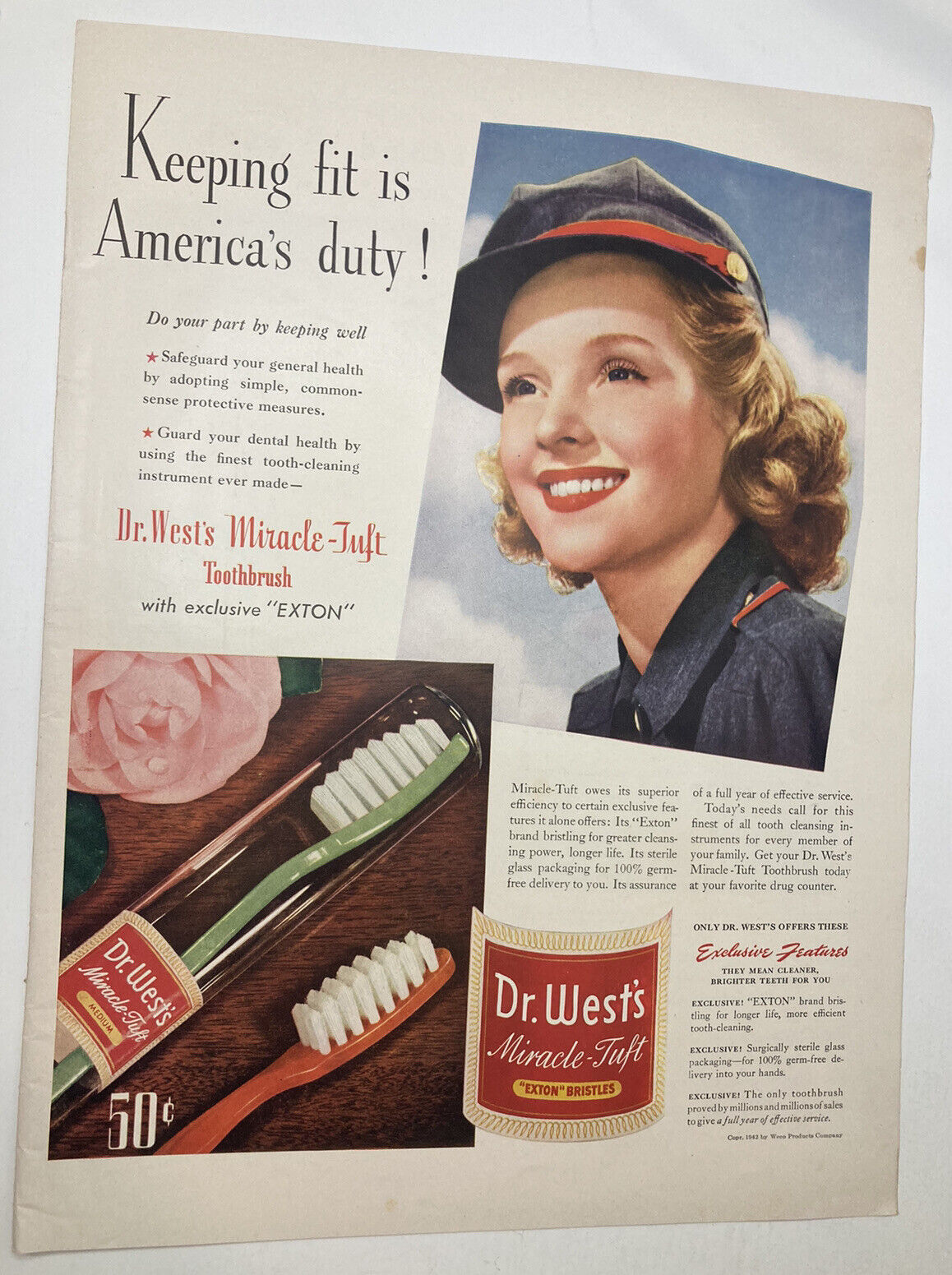 c1942 Dr. West's Miracle-Tuft Toothbrush, Keeping Fit Is America's Duty Print Ad
