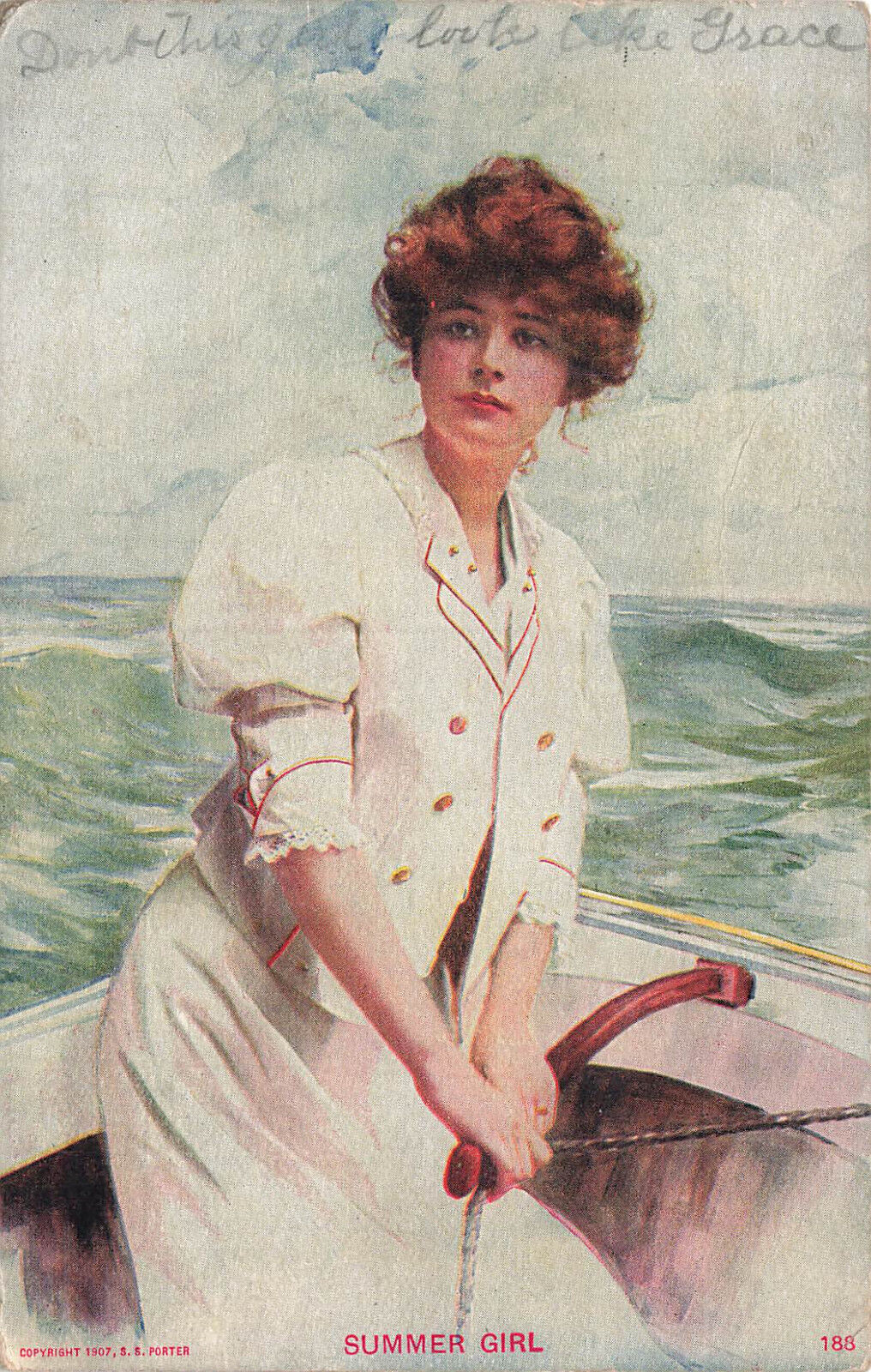 VINTAGE PRETTY WOMAN POSTCARD SUMMER GIRL AT HELM OF SAILBOAT 1909 102022 R