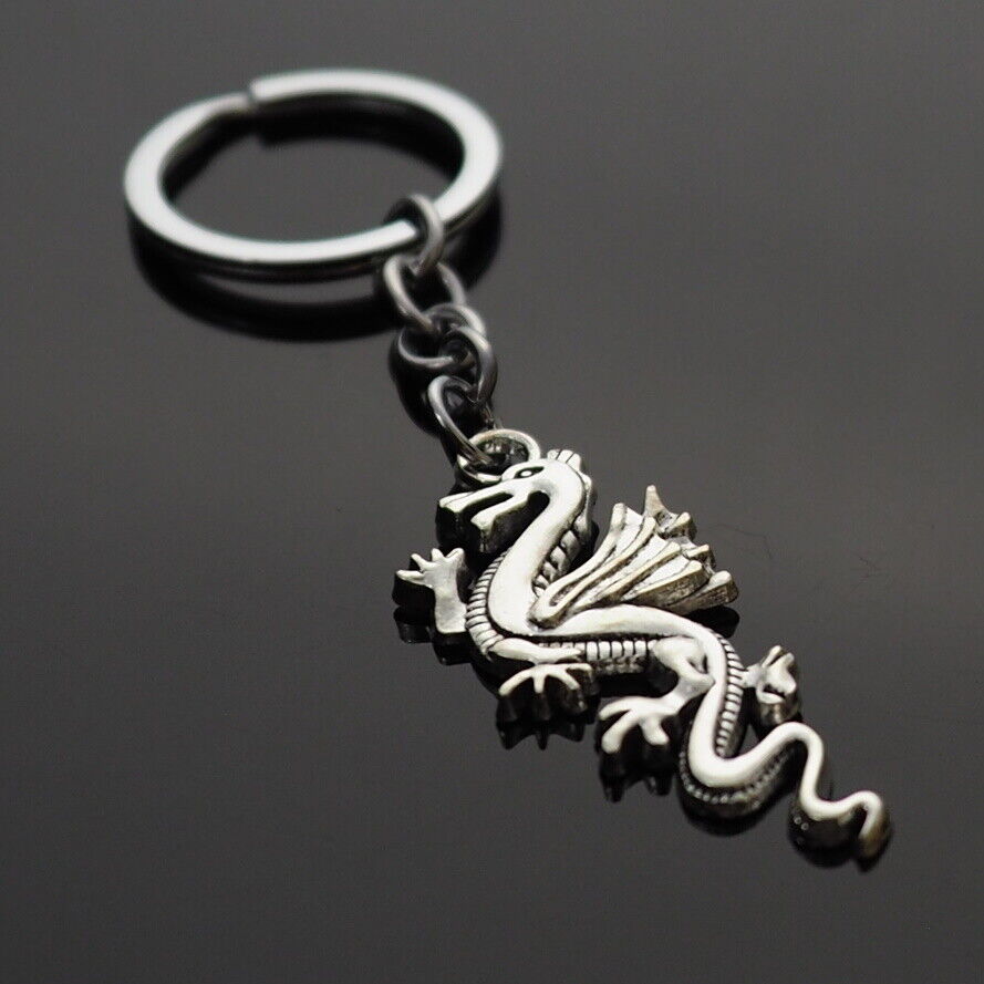 Chinese Dragon Loong Long Lung Vintage Silver Charm Pendant Keychain 49x20mm