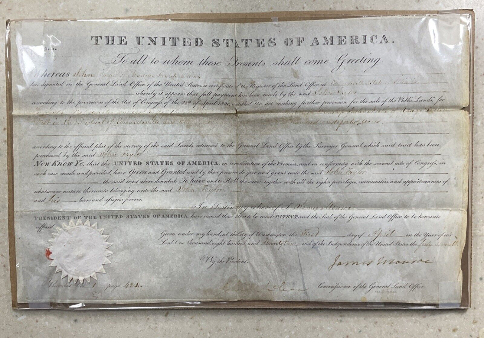 1823 James Monroe - Document Signed - Bold Signature - Land Grant in Illinois