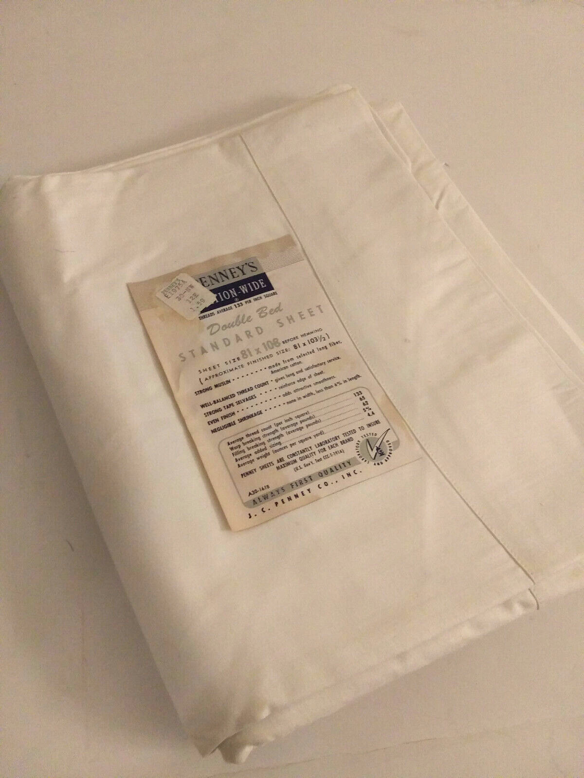 VTG NOS JC Penney Nation-Wide Muslin Double Flat White Sheet 1940\'s-\'50s 81X108