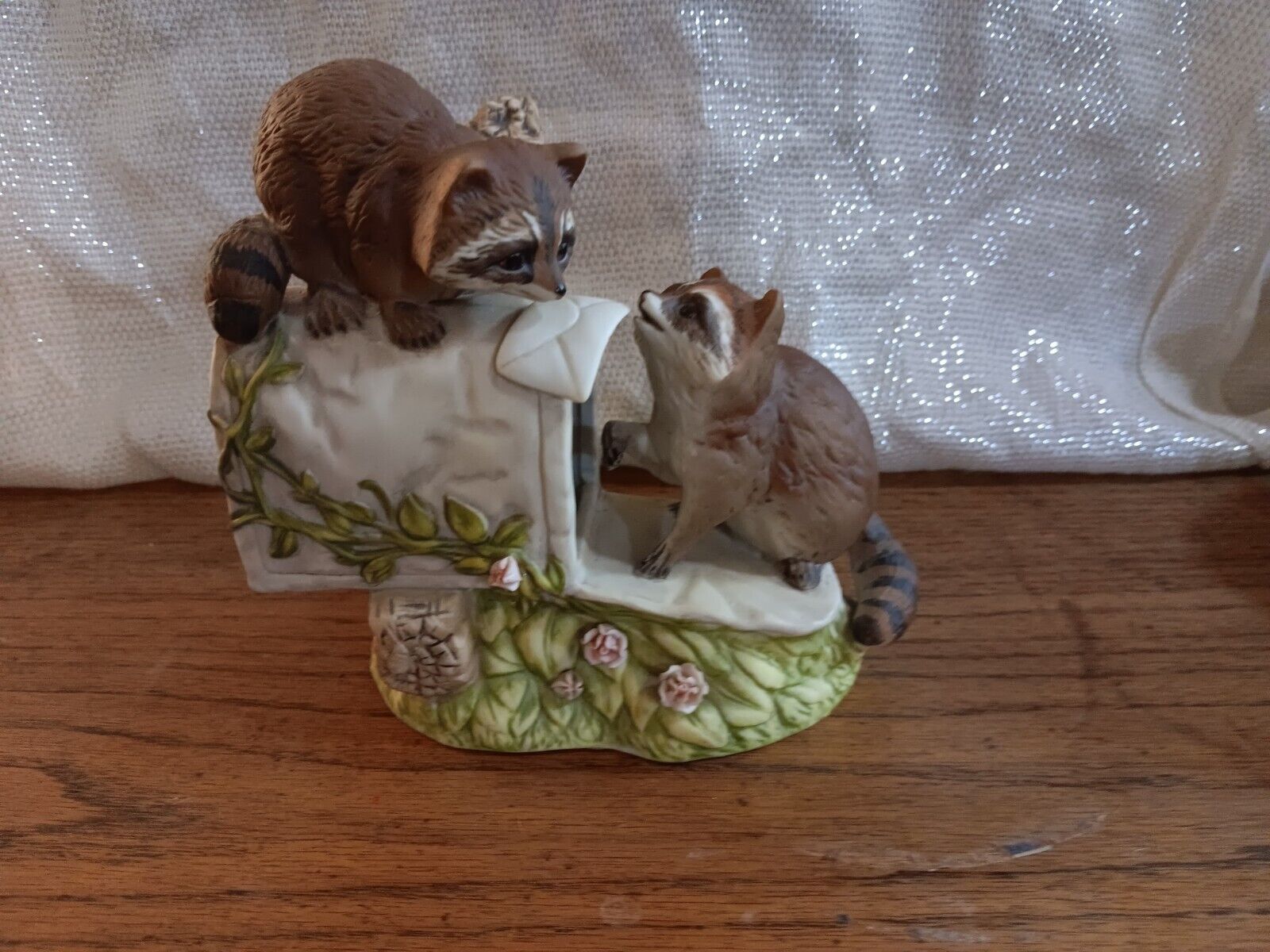 Vintage Masterpiece Porcelain Homco Raccoons at Mailbox / 1987/ Hand Painted
