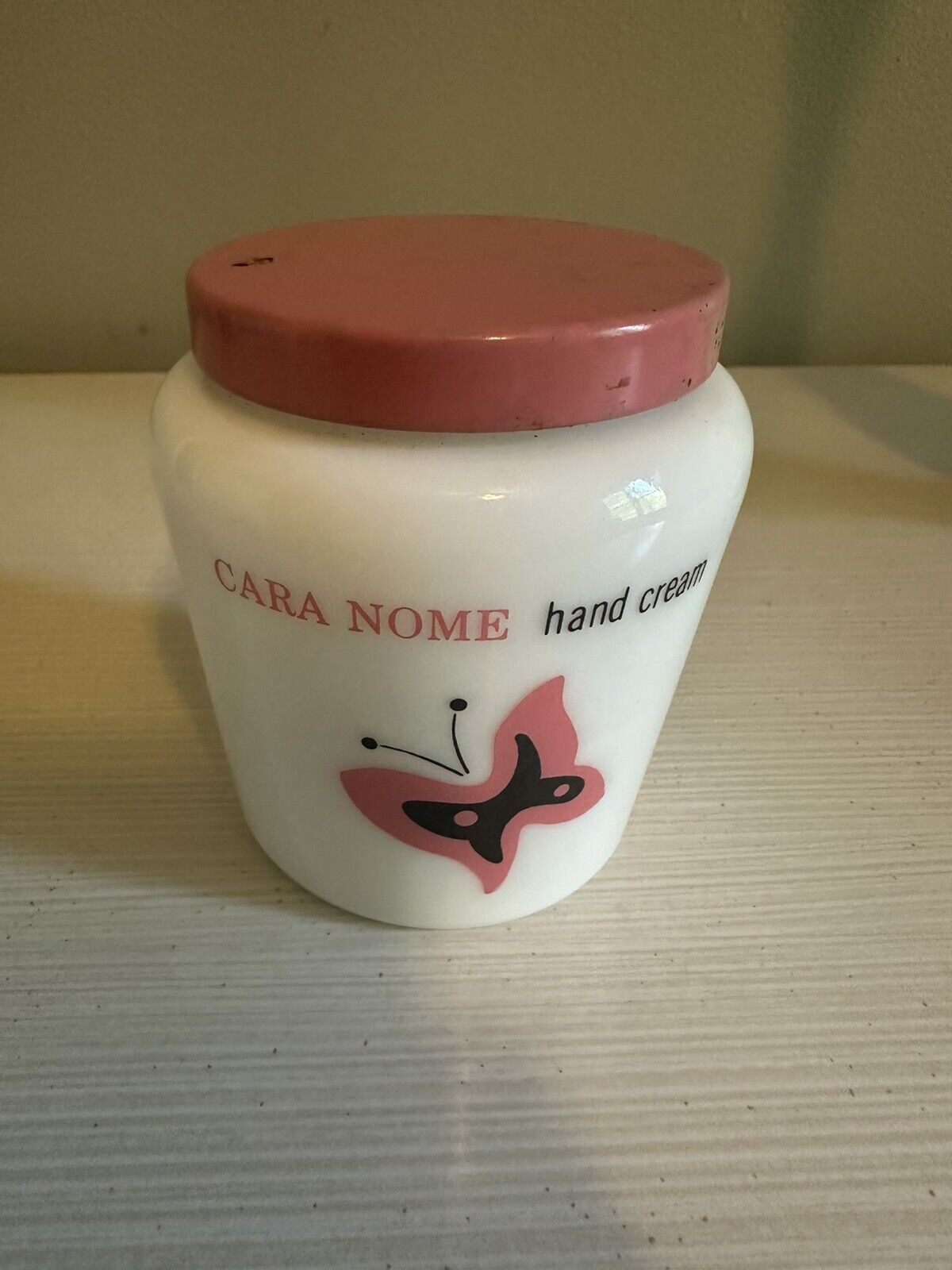 Vintage Cara Nome Hand Cream White Glass Jar w/pink Metal Lid Empty
