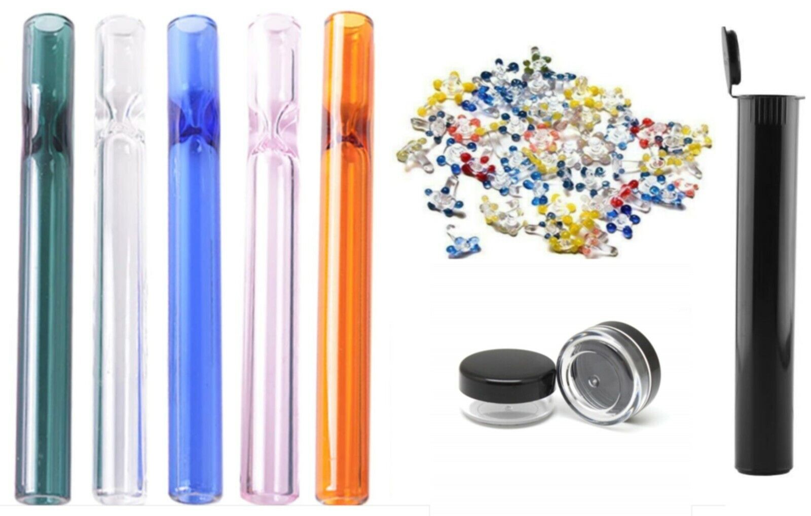 Smoking kit |10 Reusable Glass one-Hitters + 10 Glass Flower Screens + Mini Jar 