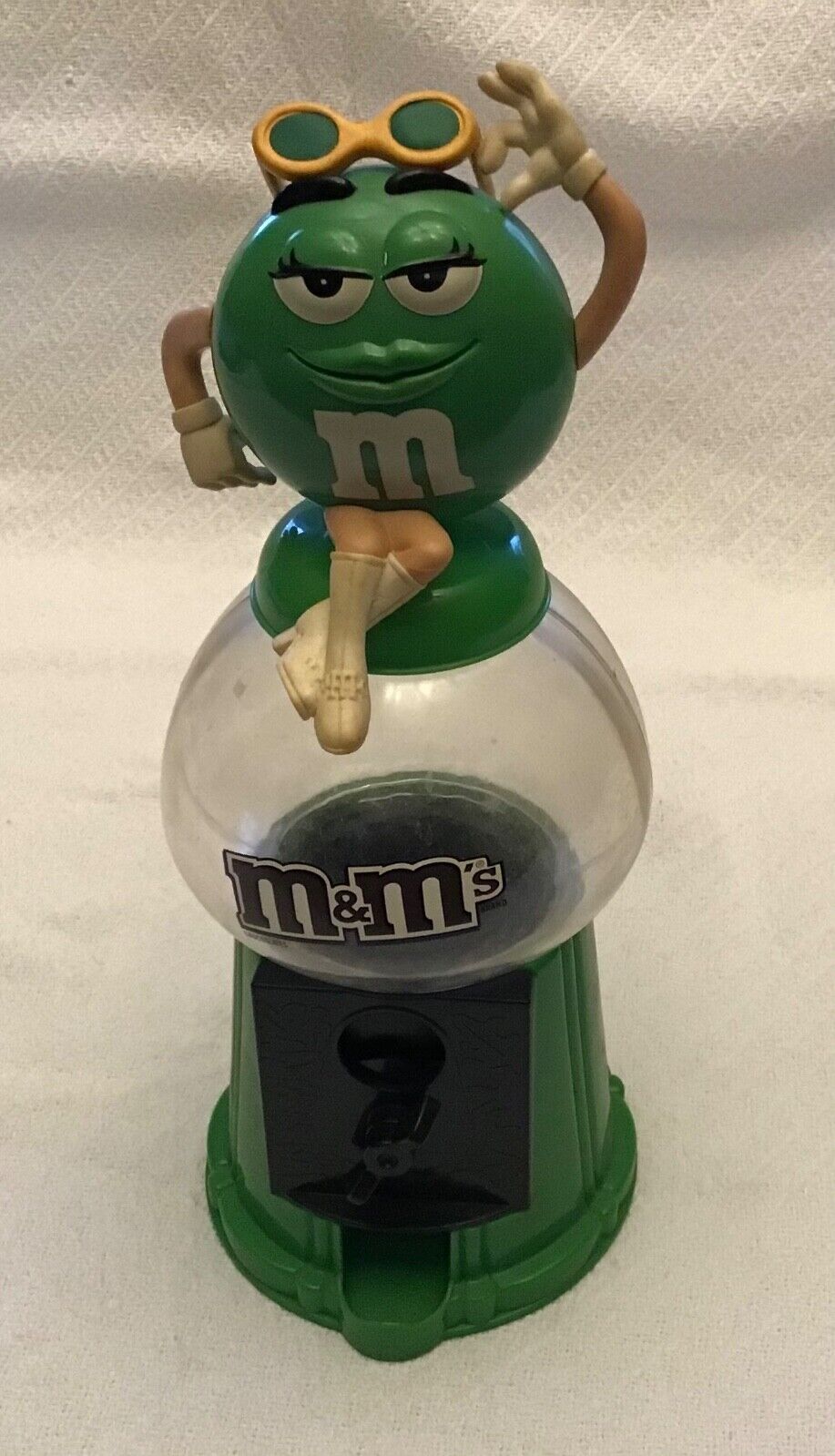 M&M green lady plastic gum ball machine 12” tall made by Mars in 2006