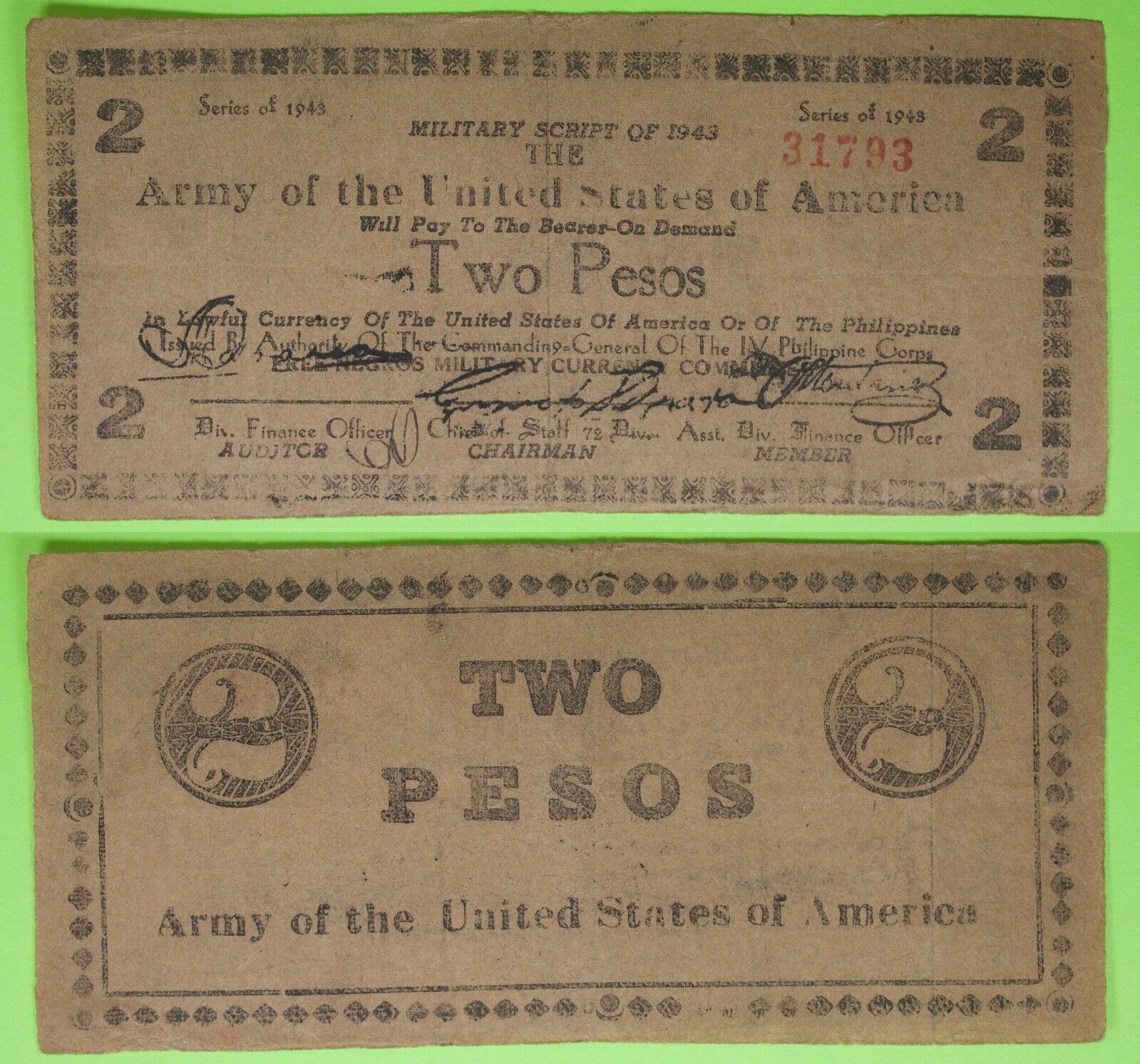 1943 Philippines ~ Free Negros 2 Pesos ~ WWII Military Script ~ NEG-502 /793