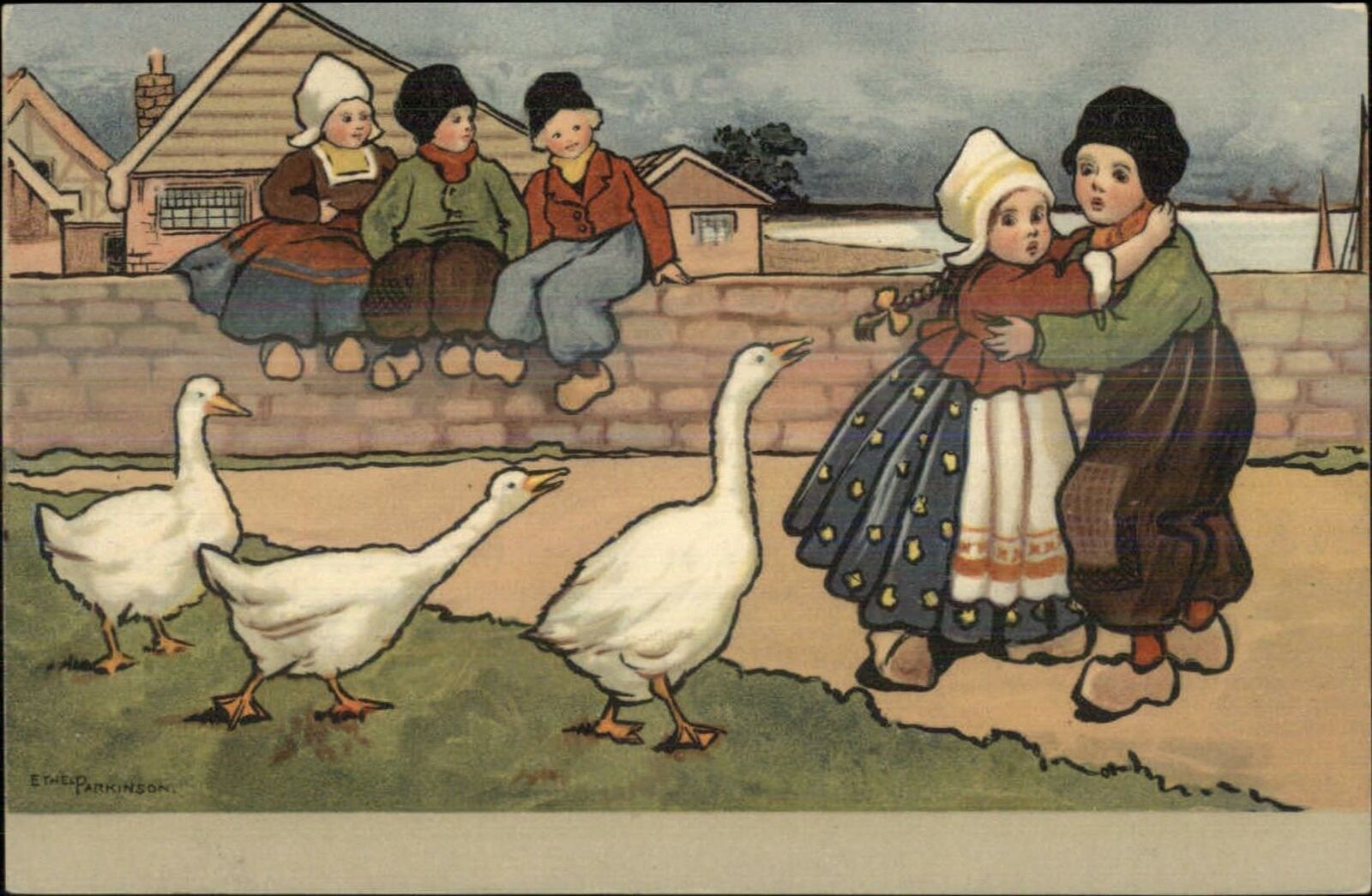Ethel Parkinson - Geese Honking & Bothering Dutch Kids c1910 Postcard