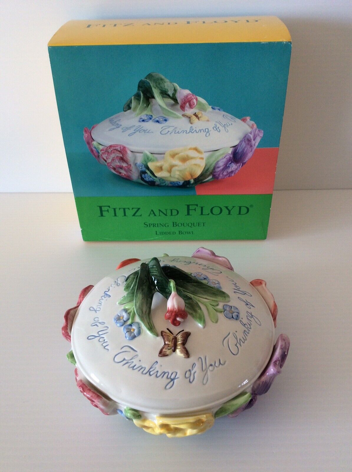 Fitz and Floyd Spring Bouquet Lidded Bowl Thinking of You Easter Decoration NEW