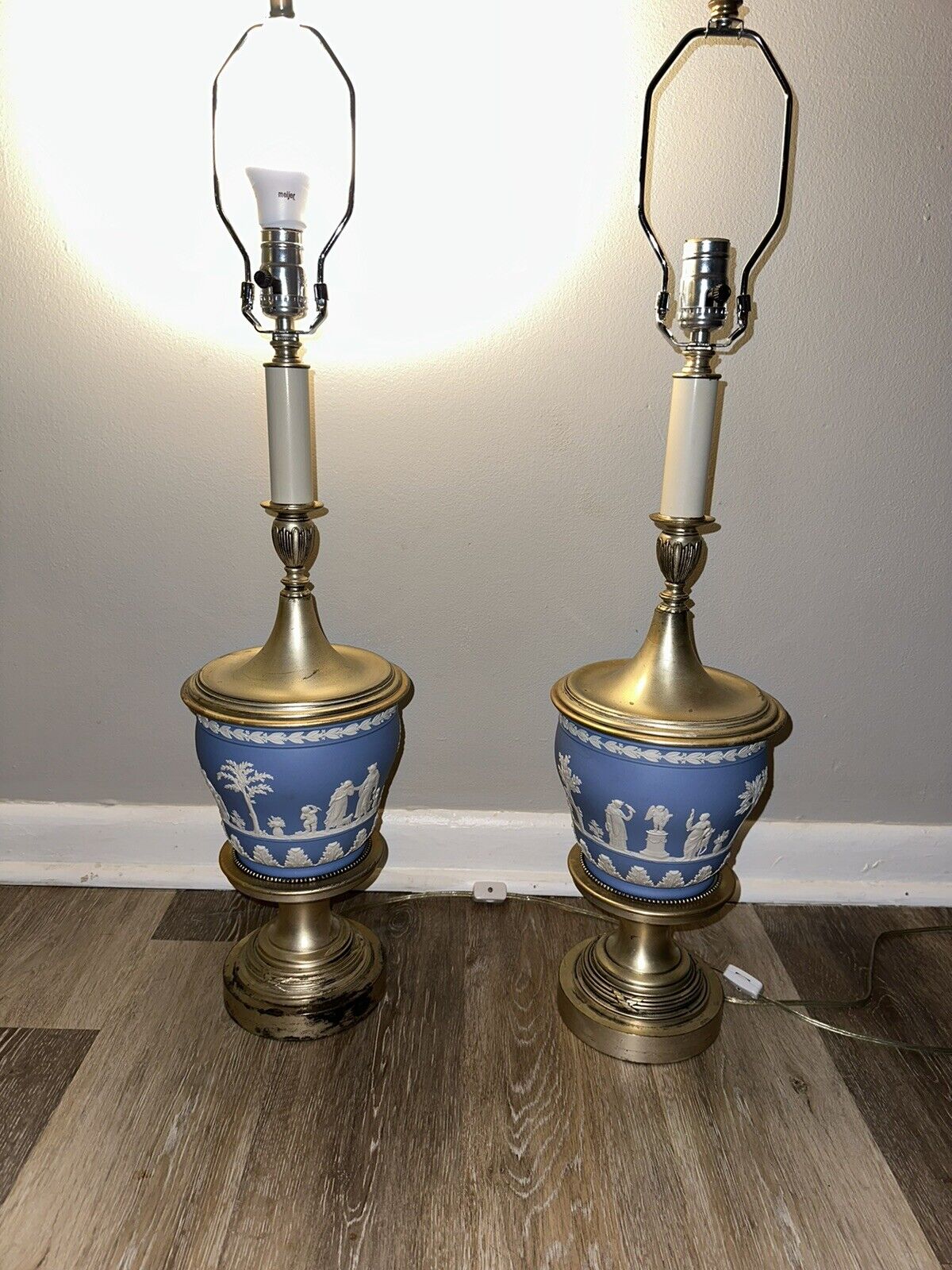 2 Vintage Pair Of Wedgewood Table Lamps Pale Jasper Blue