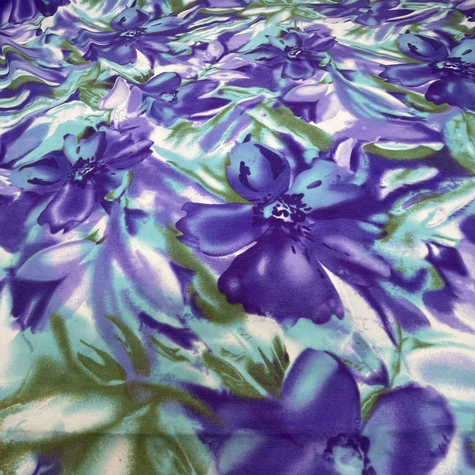 Vtg 80s Floral Fabric Bold Watercolor Print Purple Aqua Green White 3.4 Yds x 44