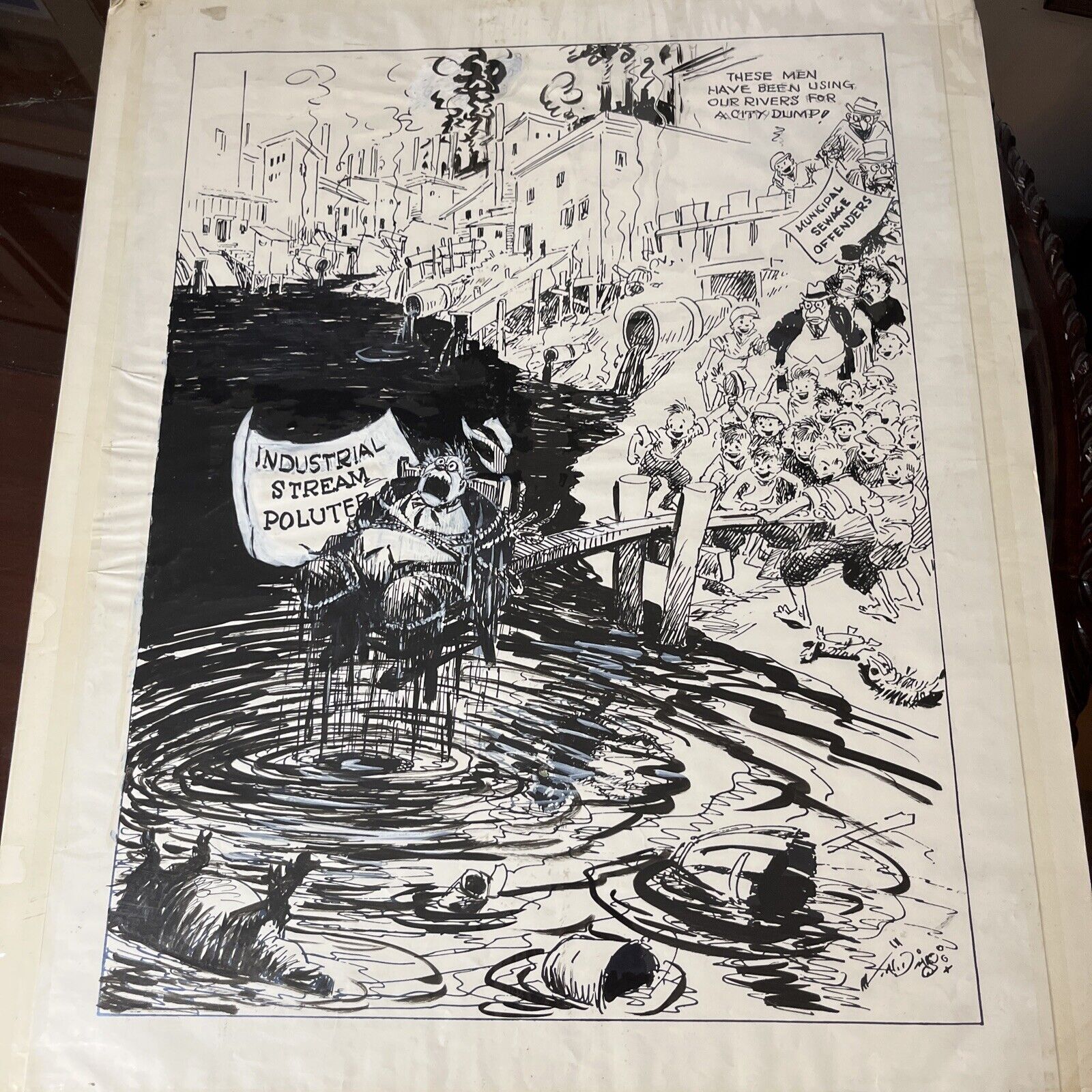 Ding Darling, Signed ,Original Pen &  Ink Drawing, Cartoon, Industrial Pollution
