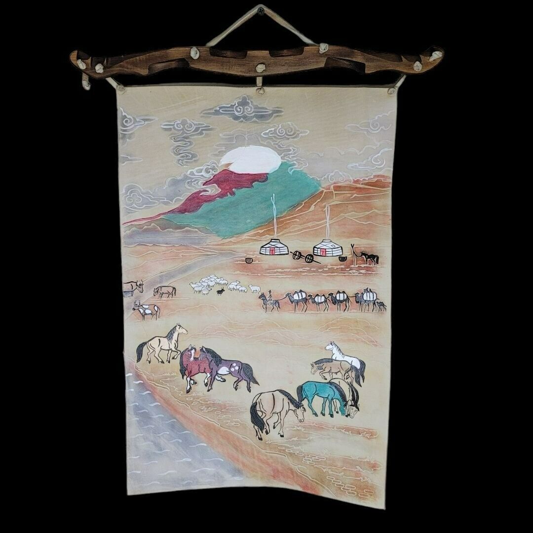 Western Painted Leather Hanging Artwork Carved Wood Horses Cowboy Camel Sheep Ca
