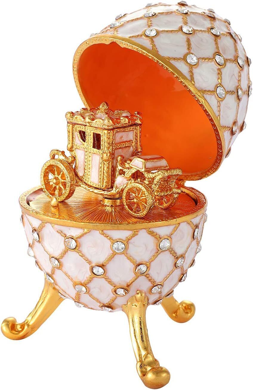 Bejeweled White Faberge Egg Hinged Metal Enameled Crystal Trinket box Mini Royal