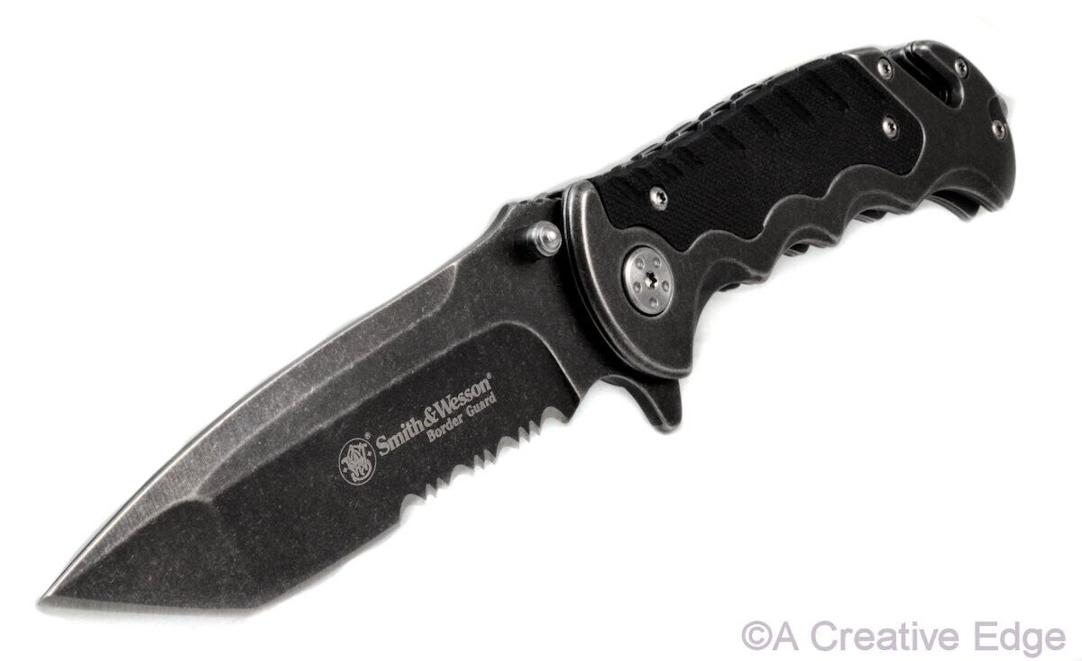 Smith & Wesson Folding Pocket Knife Border Guard Rescue Black Wash Tanto w/Clip