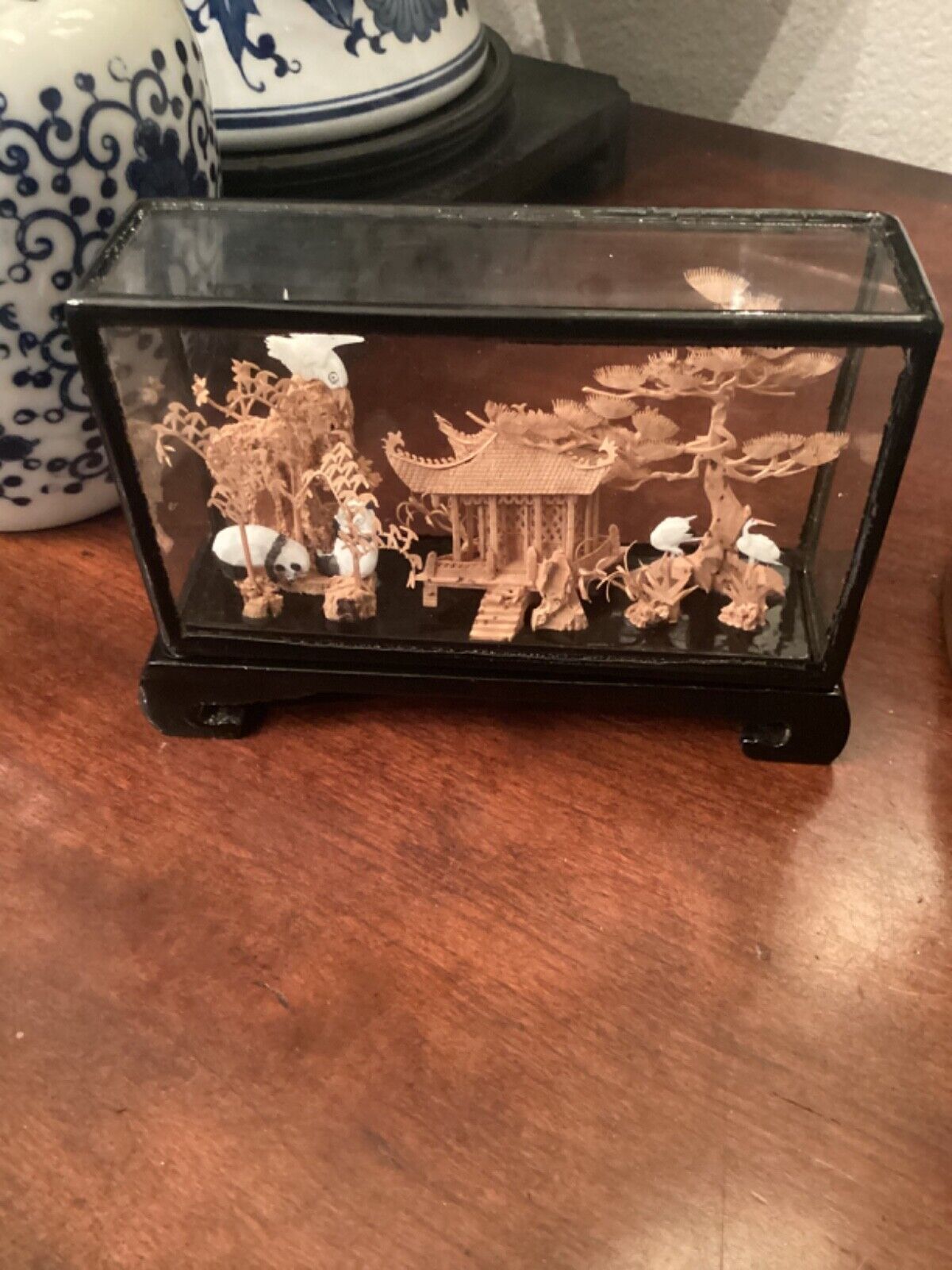 VTG Oriental Carved Cork Diorama Glass Cases Cranes Pagoda, PANDA\'S 5” X 3 3/4”