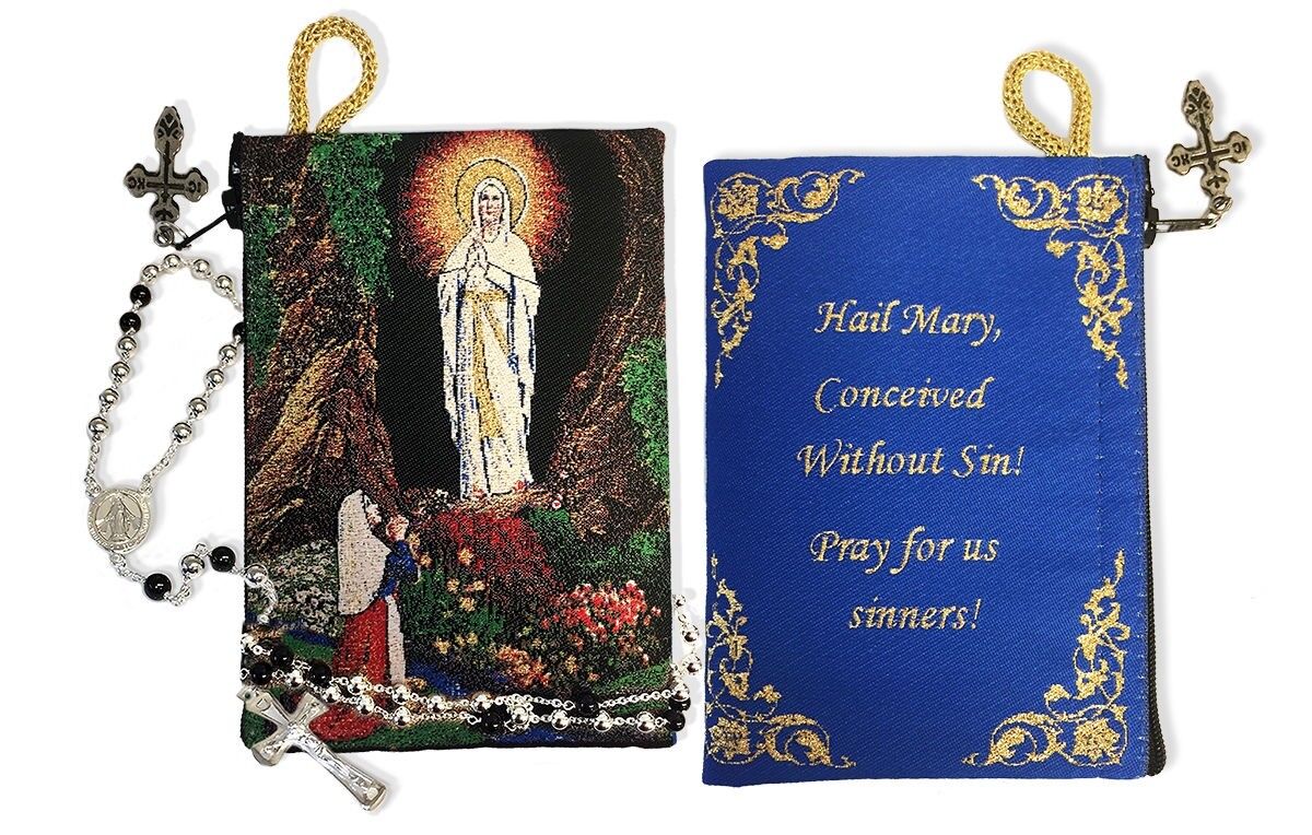 2 Sided Our lady of Lourdes Tapestry Rosary Icon Pouch With Prayer 5 3/8 Inch