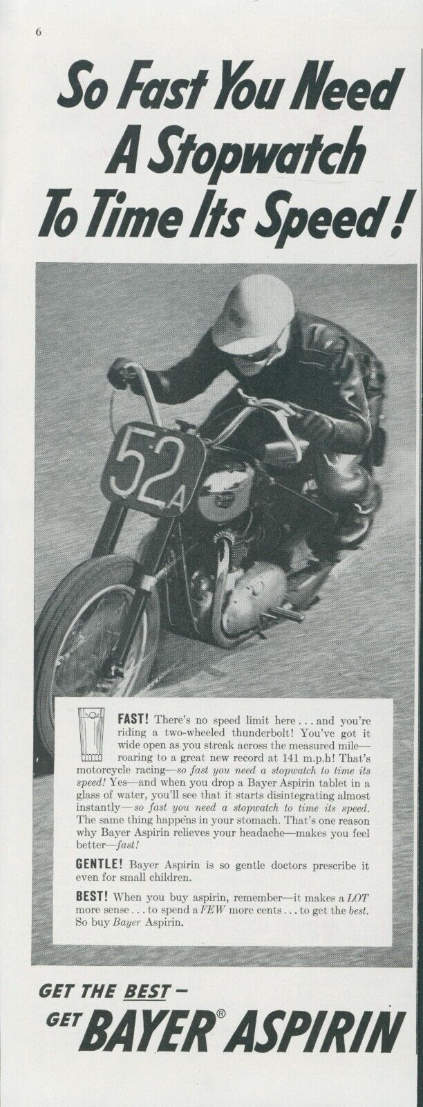 1954 Bayer Aspirin Motorcycle Racing Need Stopwatch Speed Vintage Print Ad SP11