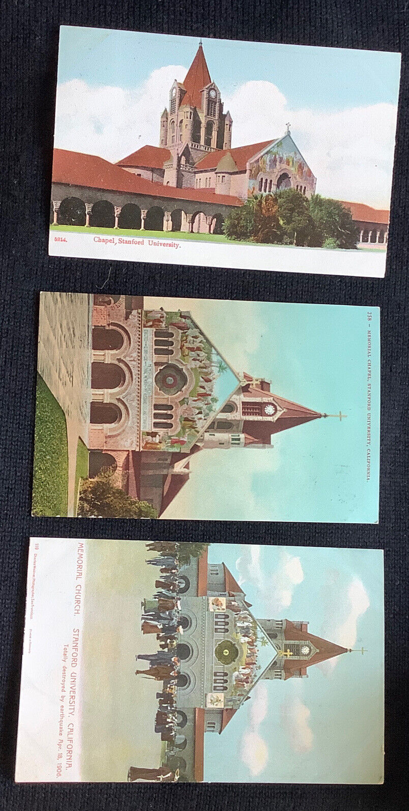 3 vintage Postcards Stanford university California Memorial Chapel CA
