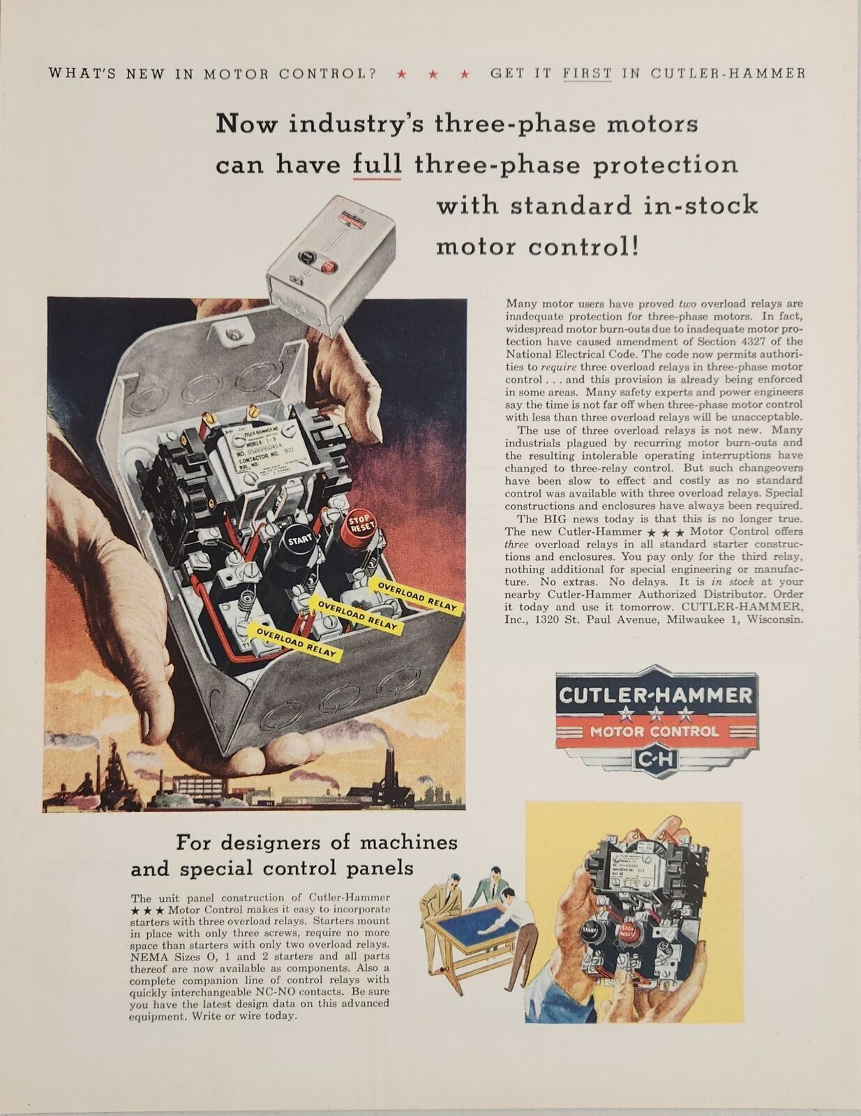 1955 Print Ad Cutler-Hammer Motor Control Three Phase Protection Milwaukee,WI