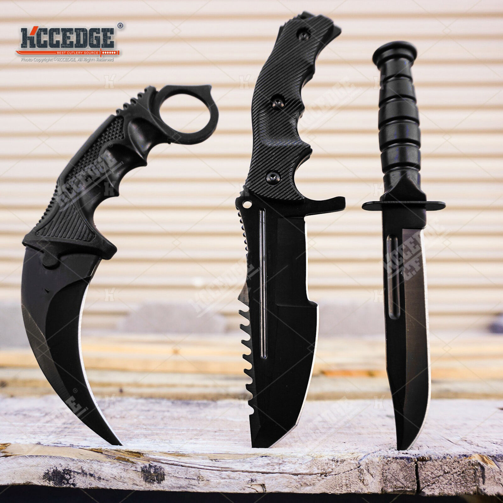 3PC COMBO SET Tactical Fixed Blade Knife Set Hawkbill Huntsman Boot Knife Blue